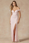 Off The Shoulder Sparkling Sequins Embellished Long Gala Gown w/ Feathered Shoulders JT2402