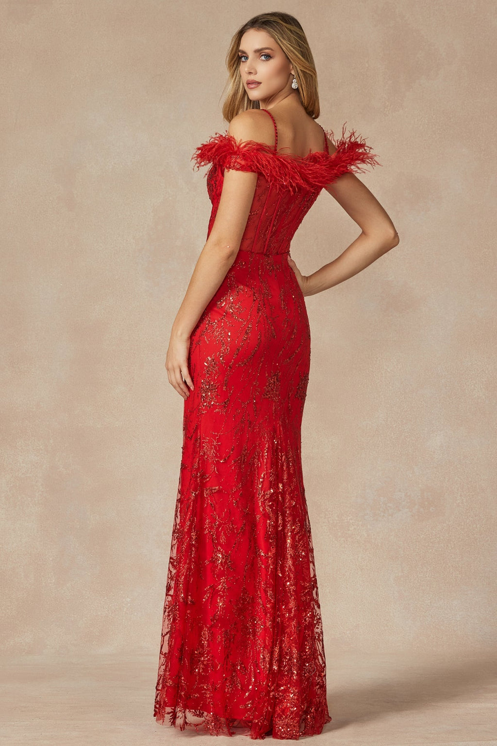 Off The Shoulder Sparkling Sequins Embellished Long Gala Gown w/ Feathered Shoulders JT2402