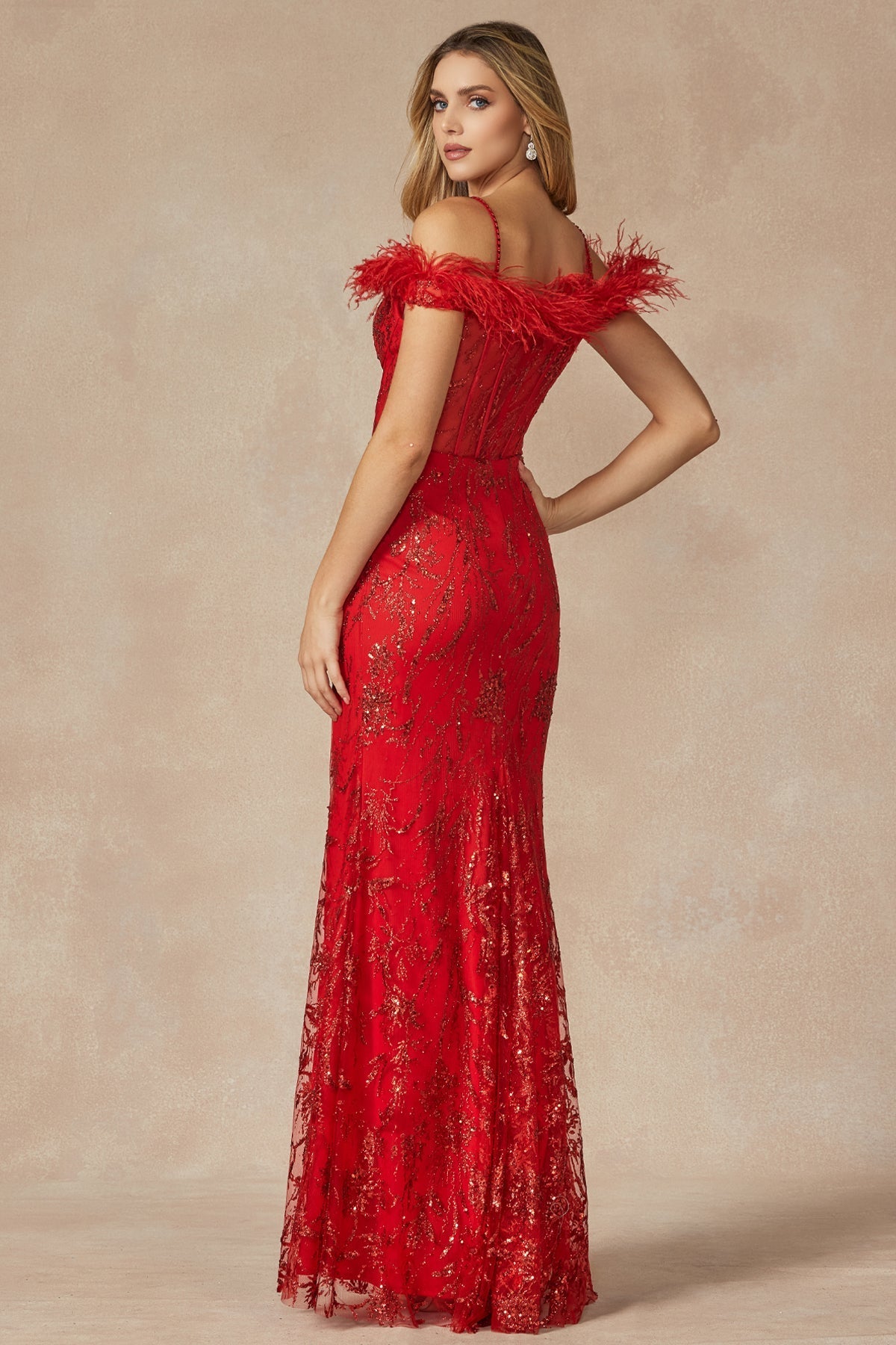 Off The Shoulder Sparkling Sequins Embellished Long Gala Gown w/ Feathered Shoulders JT2402