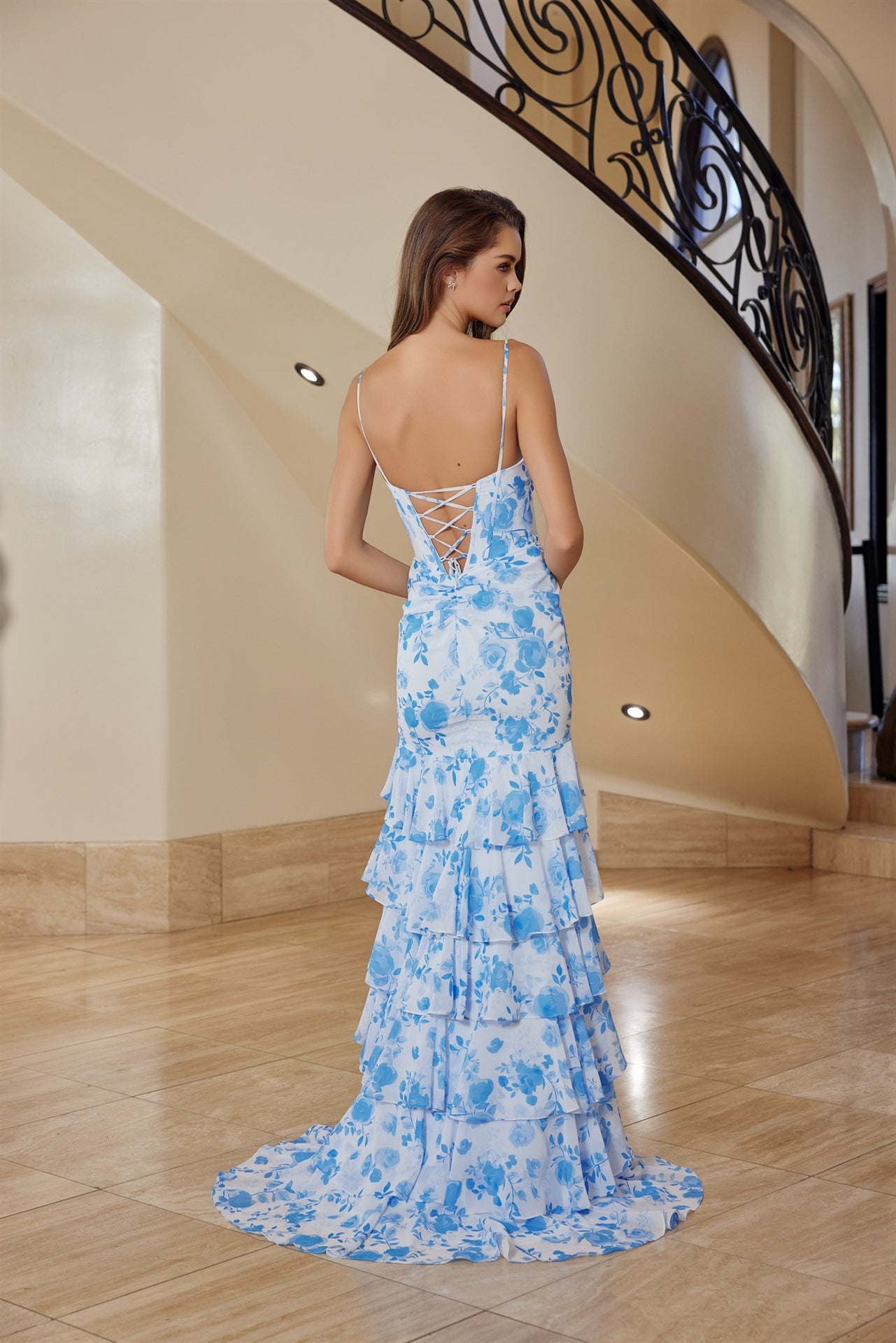 Sleeveless Sheath Graduation Gown w/ Floral Print & Ruffled Skirt NXT1863