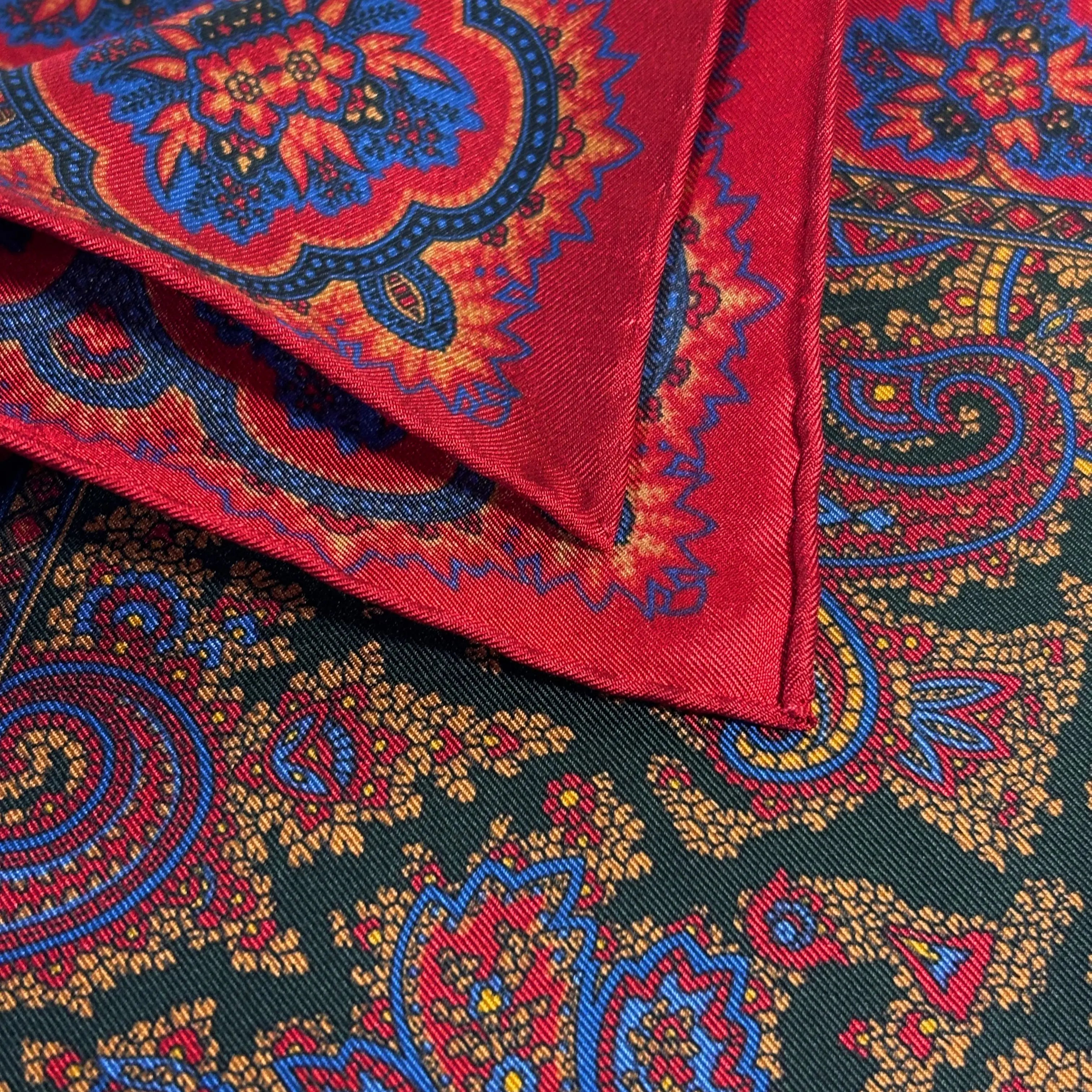 Red & Forest Green Ancient Madder Silk Pocket Square Potomac Tie Company