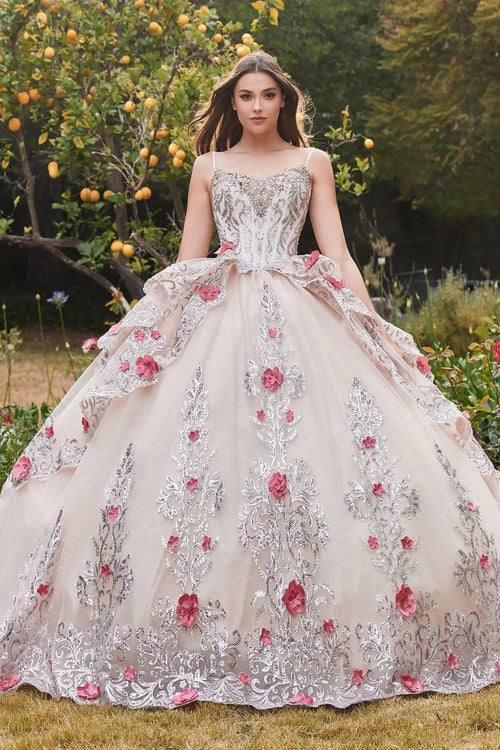 LAYERED TULLE QUINCE BALL GOWN WITH FORAL APPLIQUE CD15703 CIND