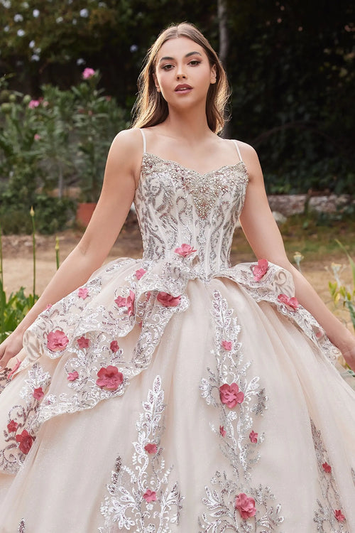 LAYERED TULLE QUINCE BALL GOWN WITH FORAL APPLIQUE CD15703 CIND