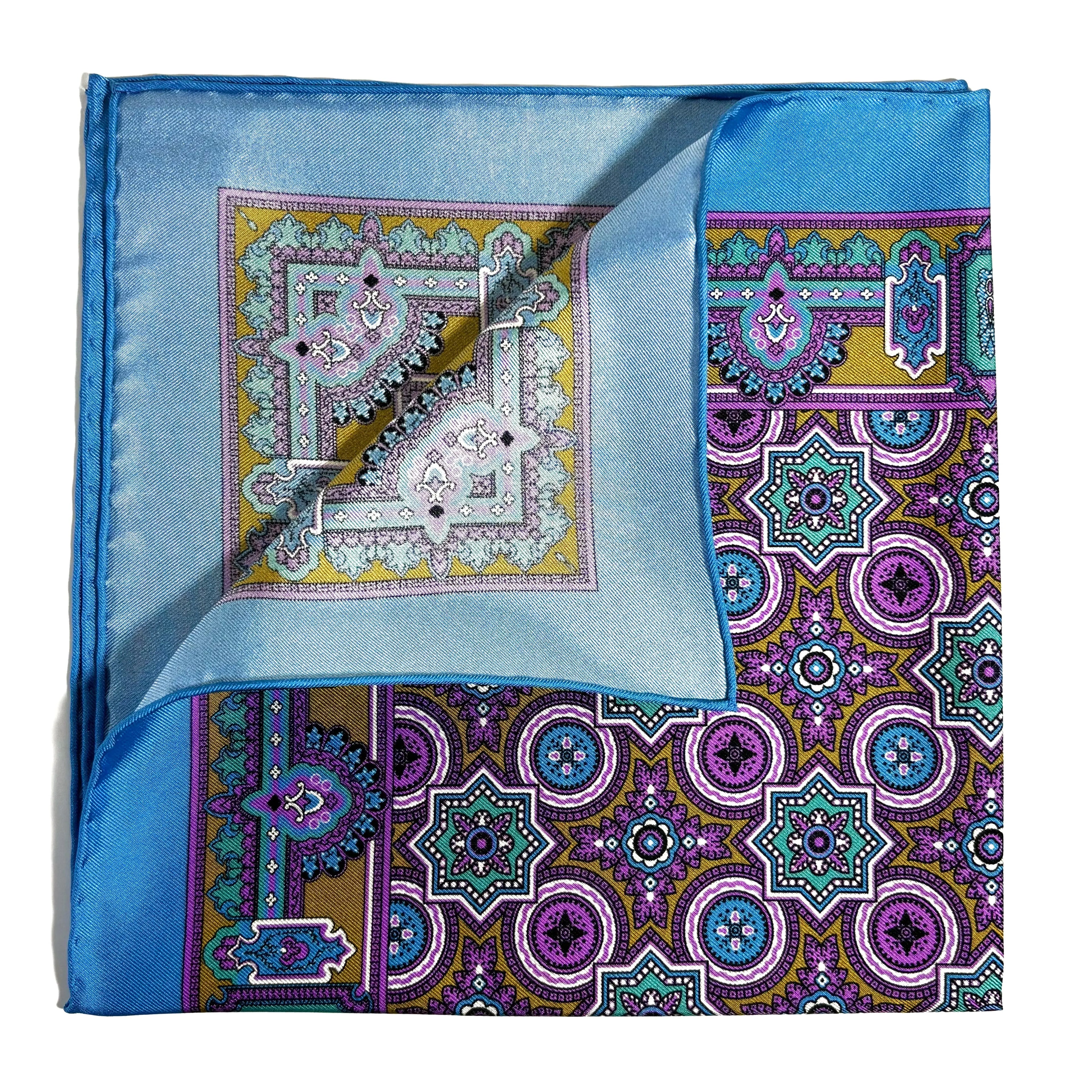 Light Blue & Gold Geometric Silk Pocket Square Potomac Tie Company