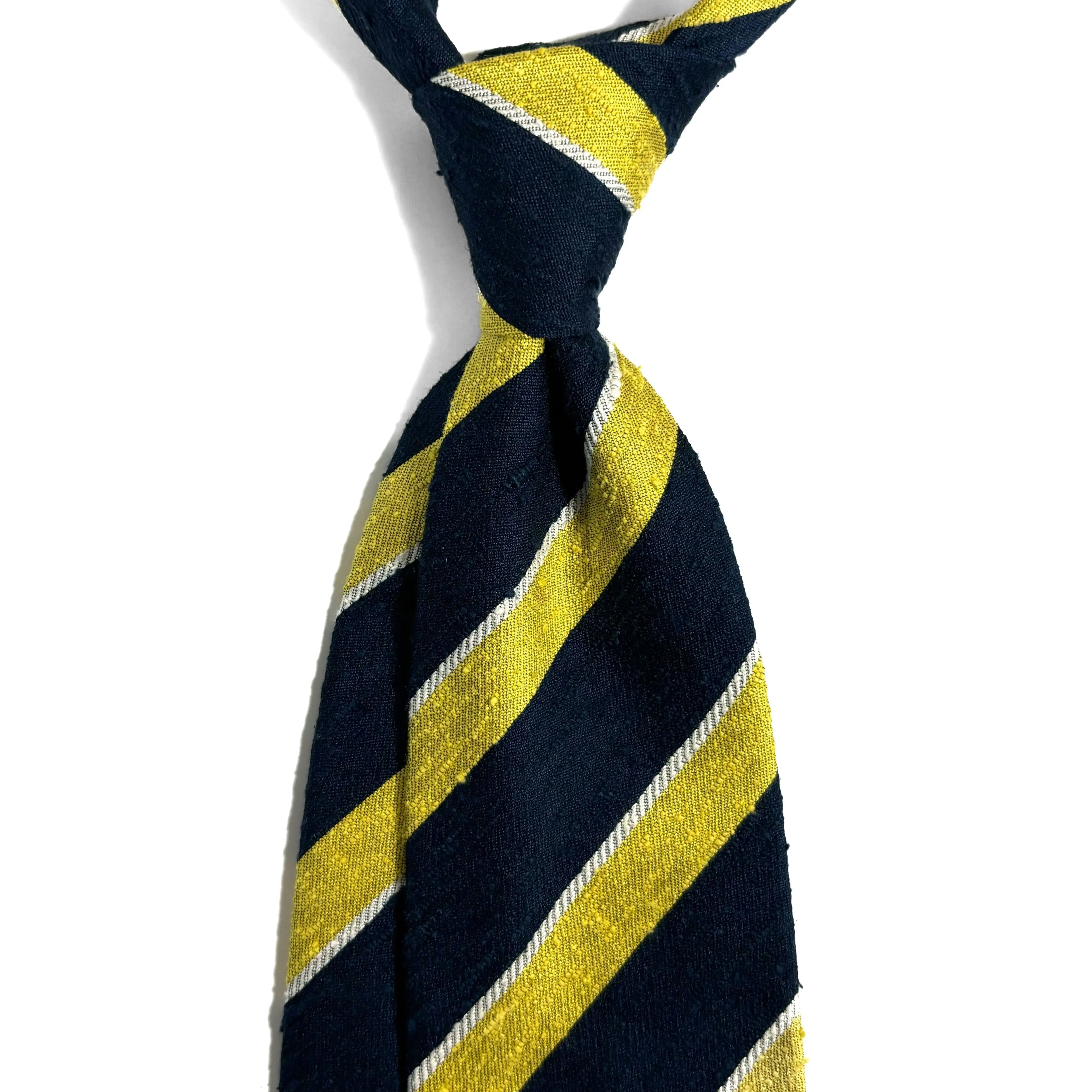 Navy Blue & Lemon Yellow Striped Silk Shantung Tie Potomac Tie Company