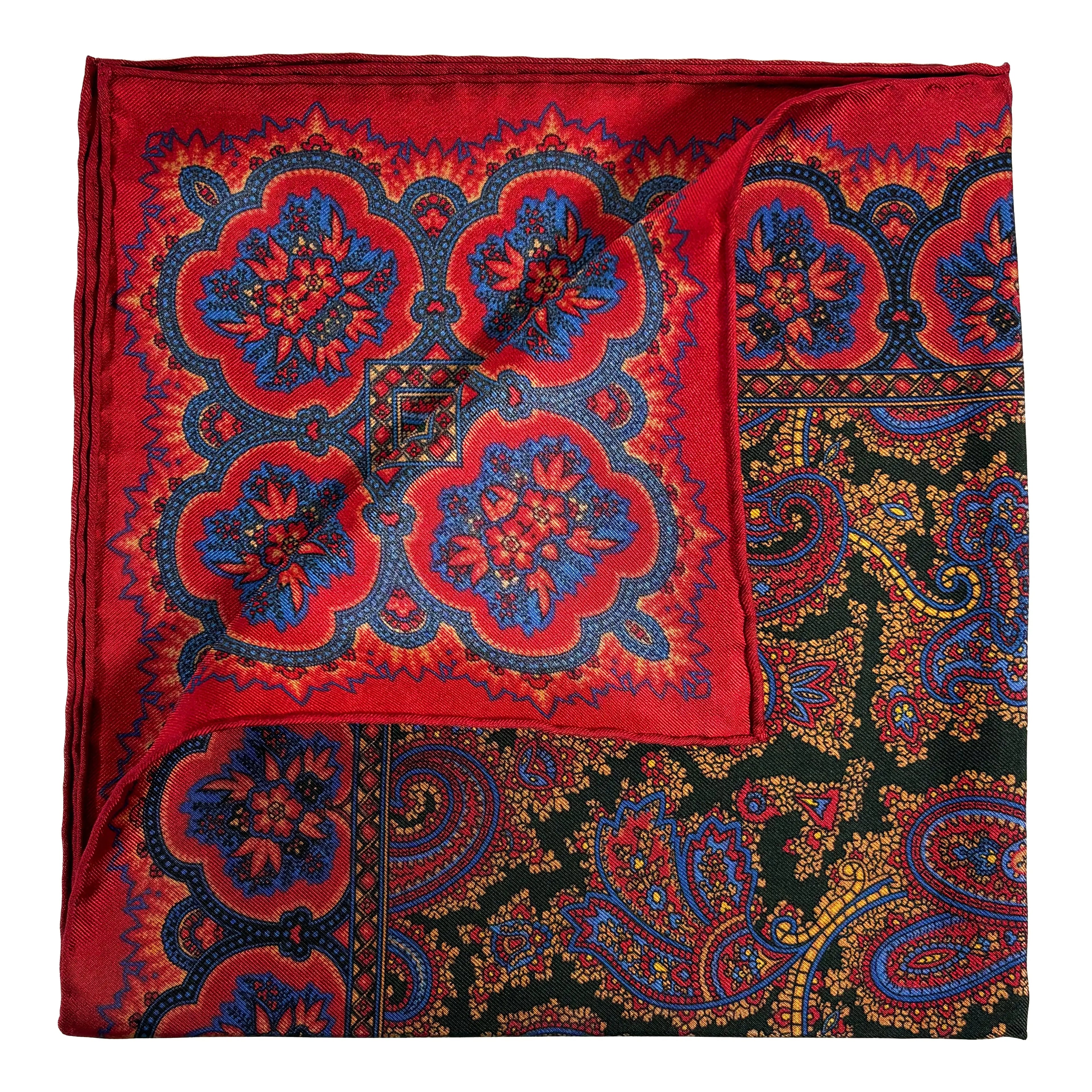 Red & Forest Green Ancient Madder Silk Pocket Square Potomac Tie Company