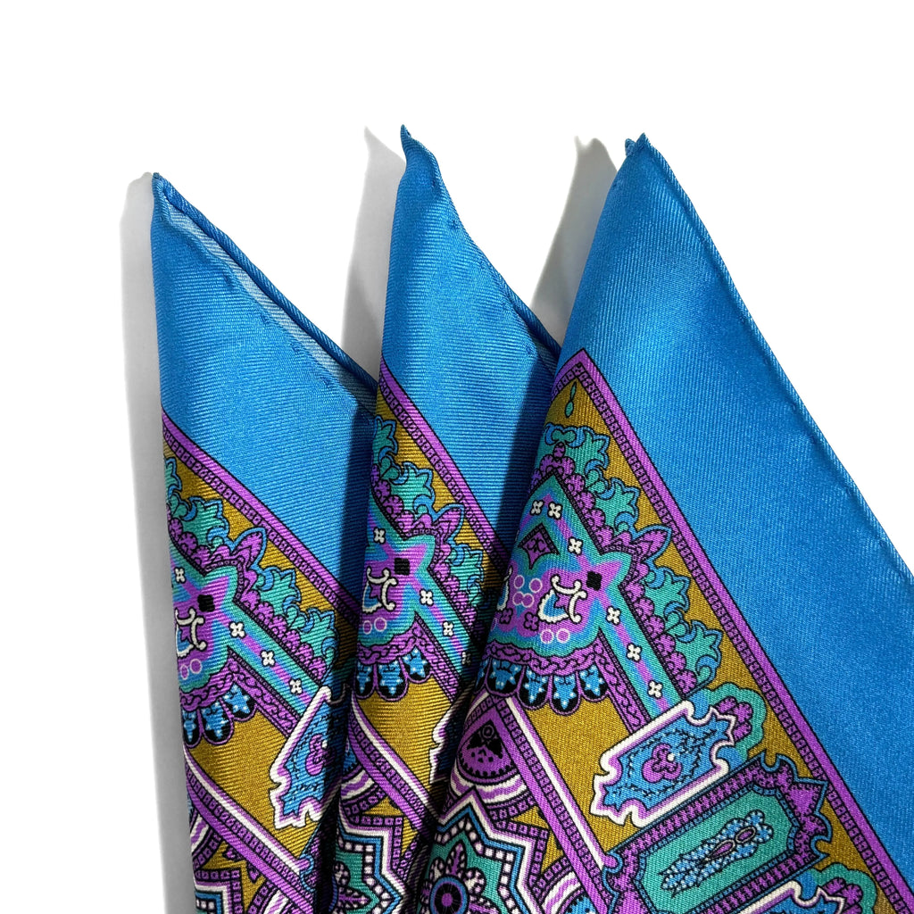 Light Blue & Gold Geometric Silk Pocket Square Potomac Tie Company