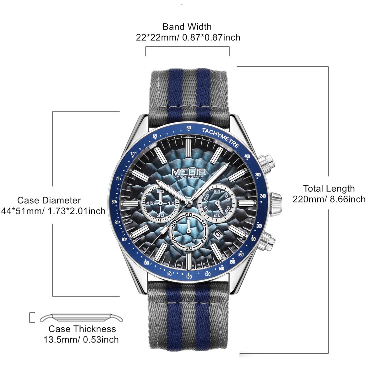 MEGIR Men's Sport Chronograph Watch, Outdoor Casual Quartz Wristwatch, 3ATM Water Resistance, Striped Canvas Band, Date Display 8121