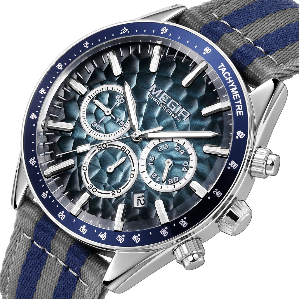 MEGIR Men's Sport Chronograph Watch, Outdoor Casual Quartz Wristwatch, 3ATM Water Resistance, Striped Canvas Band, Date Display 8121