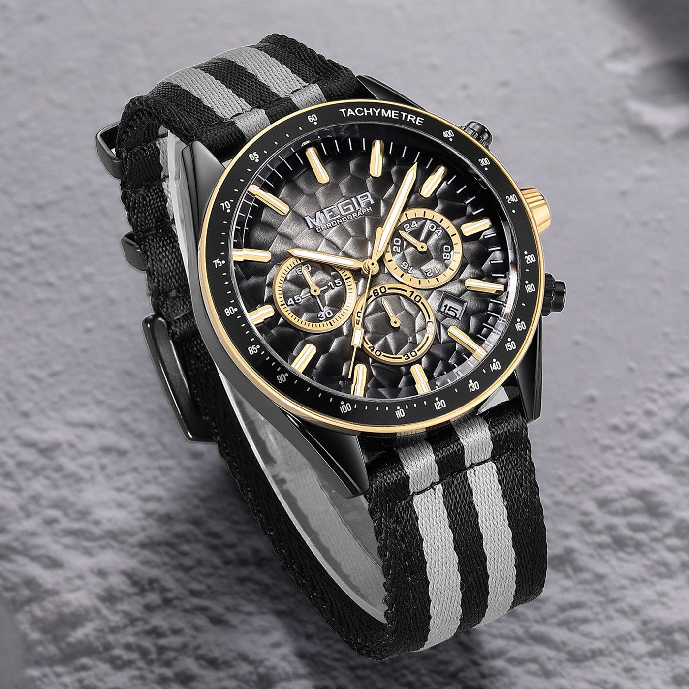 MEGIR Men's Sport Chronograph Watch, Outdoor Casual Quartz Wristwatch, 3ATM Water Resistance, Striped Canvas Band, Date Display 8121