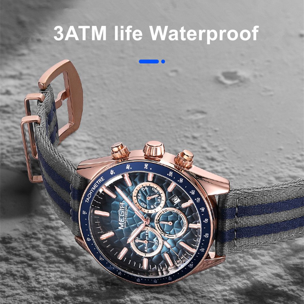 MEGIR Men's Sport Chronograph Watch, Outdoor Casual Quartz Wristwatch, 3ATM Water Resistance, Striped Canvas Band, Date Display 8121