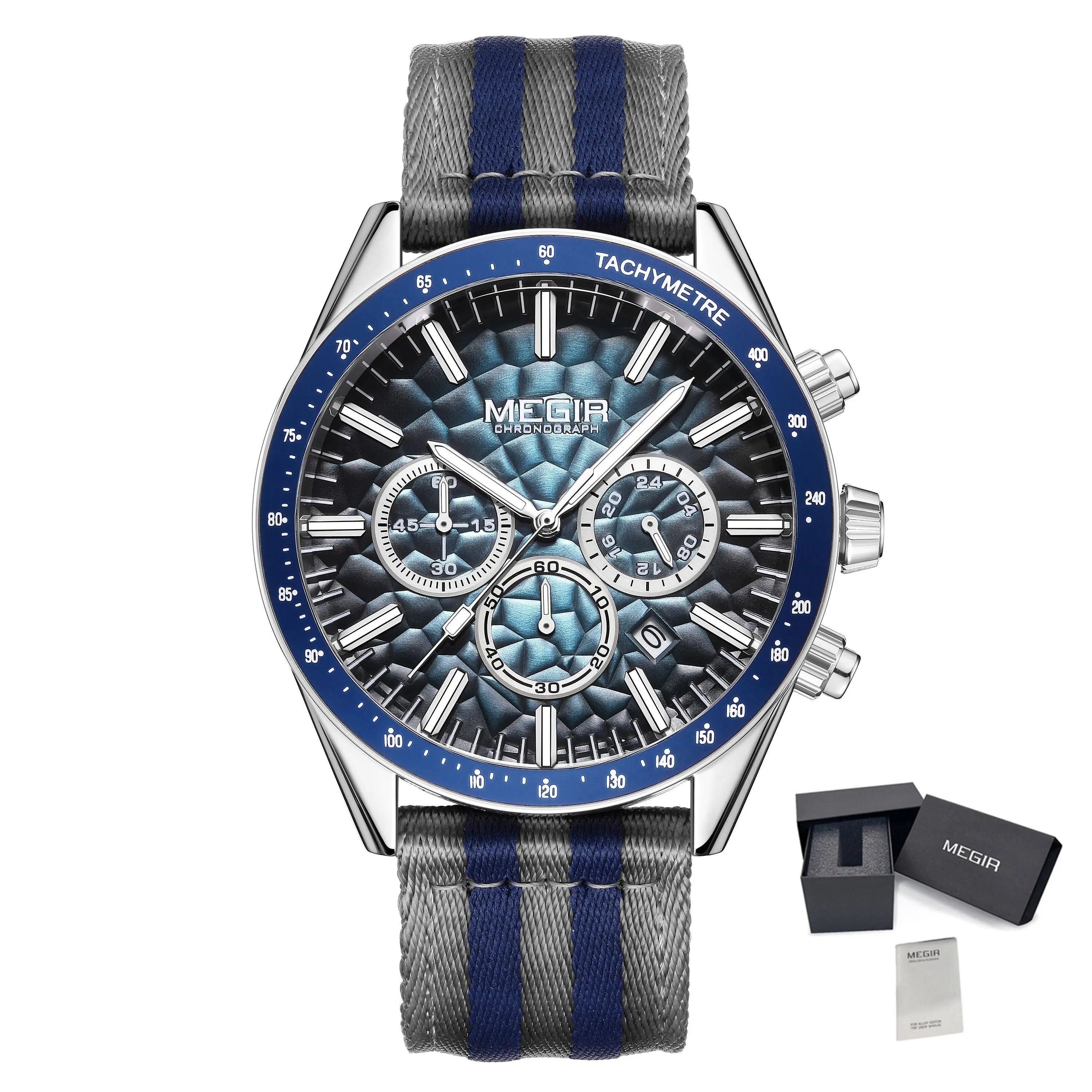 MEGIR Men's Sport Chronograph Watch, Outdoor Casual Quartz Wristwatch, 3ATM Water Resistance, Striped Canvas Band, Date Display 8121 MEGIR WATCH GROUP