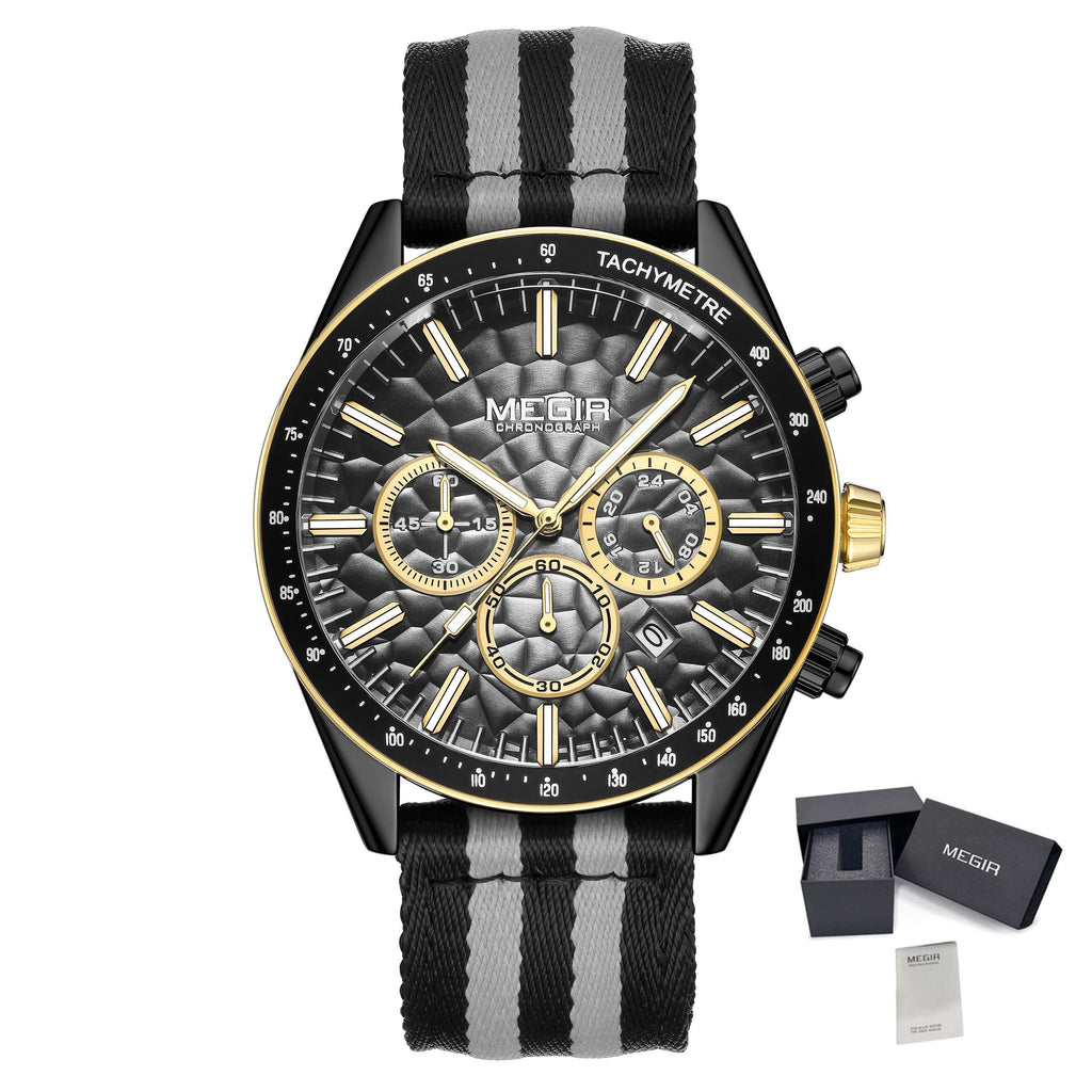 MEGIR Men's Sport Chronograph Watch, Outdoor Casual Quartz Wristwatch, 3ATM Water Resistance, Striped Canvas Band, Date Display 8121