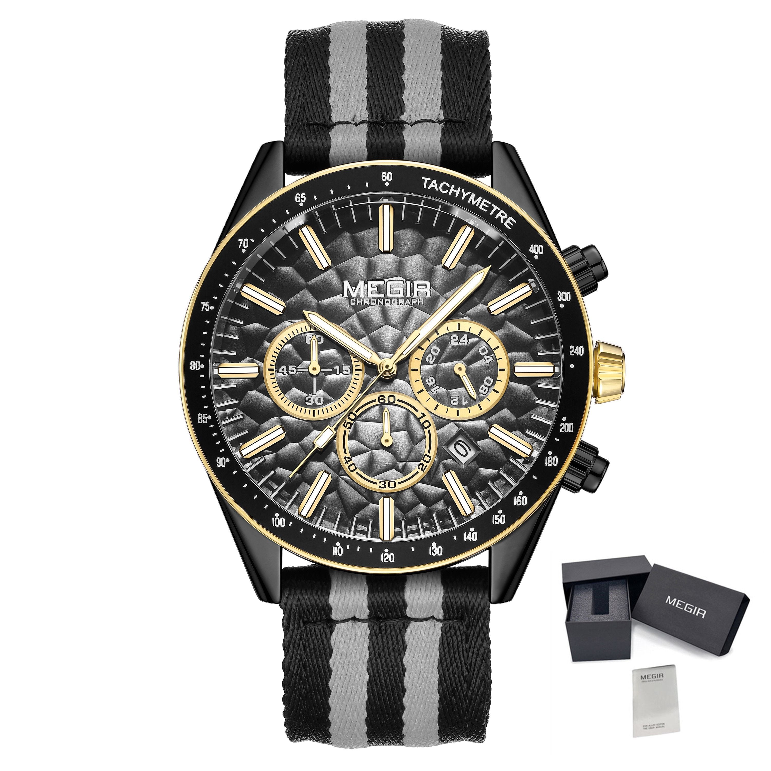 MEGIR Men's Sport Chronograph Watch, Outdoor Casual Quartz Wristwatch, 3ATM Water Resistance, Striped Canvas Band, Date Display 8121
