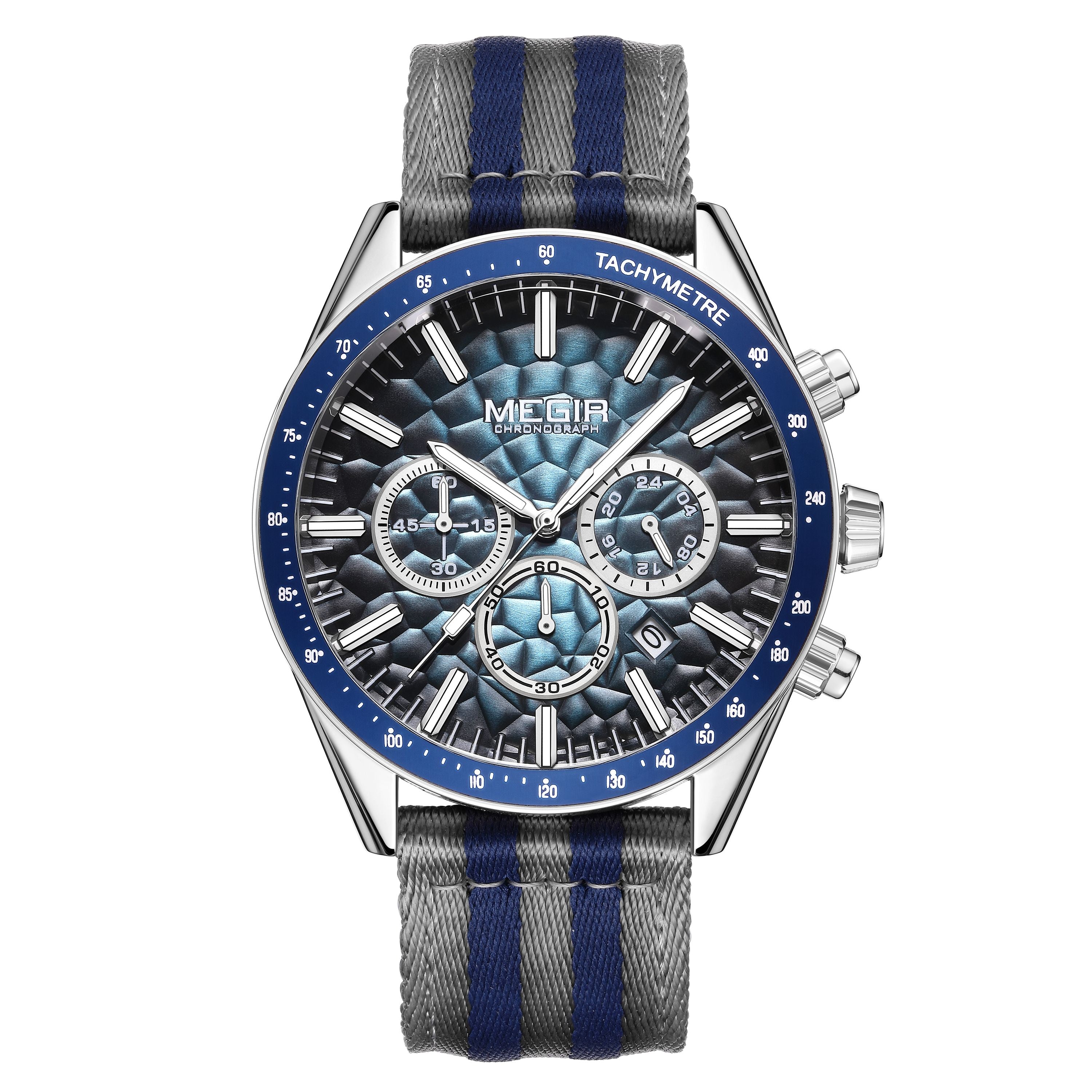MEGIR Men's Sport Chronograph Watch, Outdoor Casual Quartz Wristwatch, 3ATM Water Resistance, Striped Canvas Band, Date Display 8121