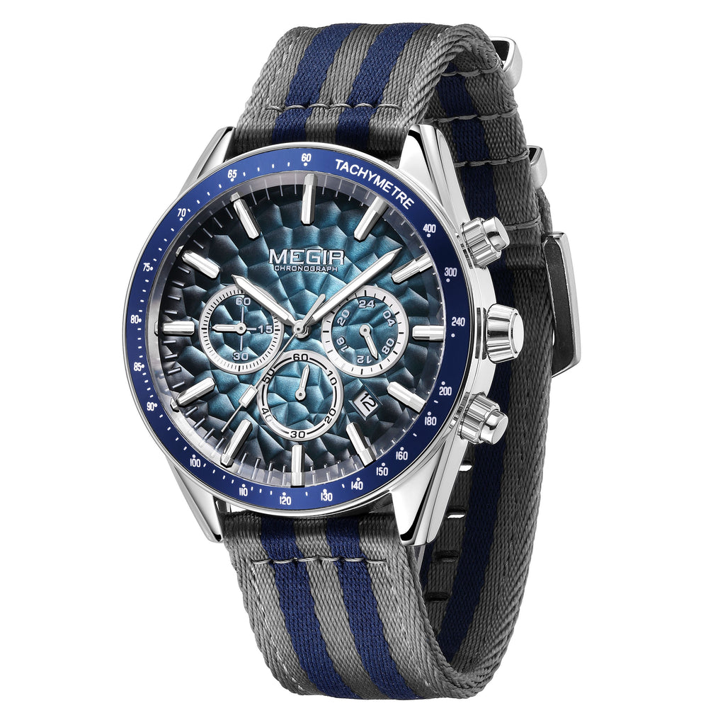 MEGIR Men's Sport Chronograph Watch, Outdoor Casual Quartz Wristwatch, 3ATM Water Resistance, Striped Canvas Band, Date Display 8121