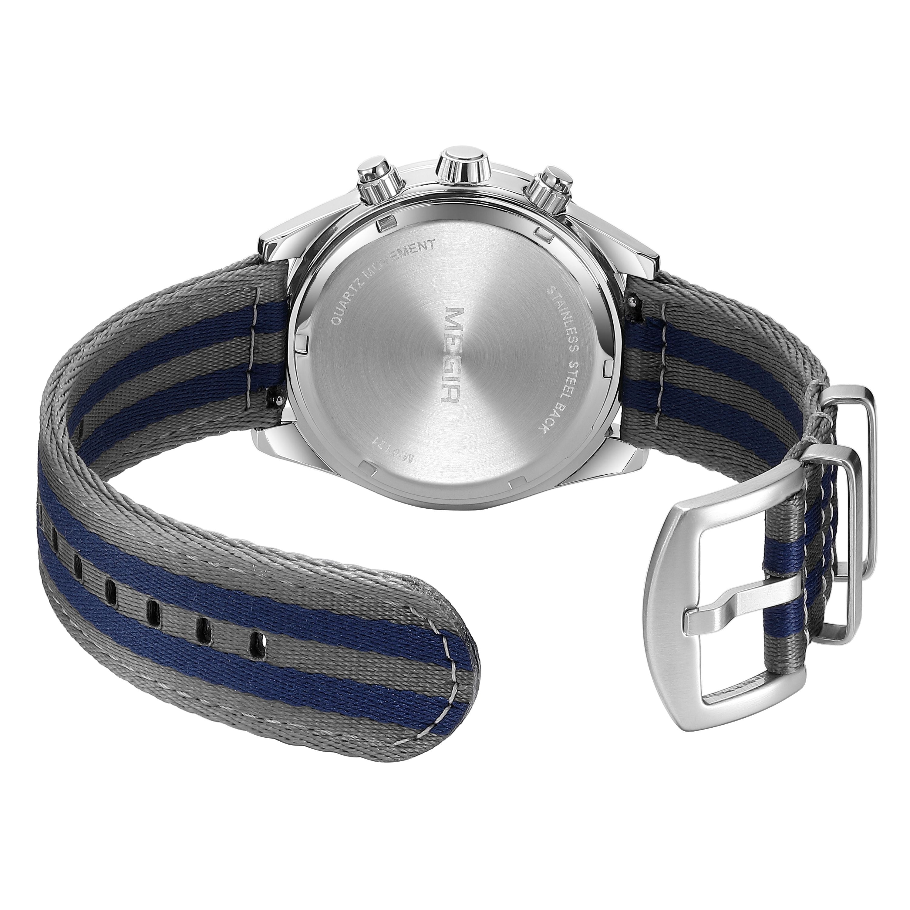 MEGIR Men's Sport Chronograph Watch, Outdoor Casual Quartz Wristwatch, 3ATM Water Resistance, Striped Canvas Band, Date Display 8121