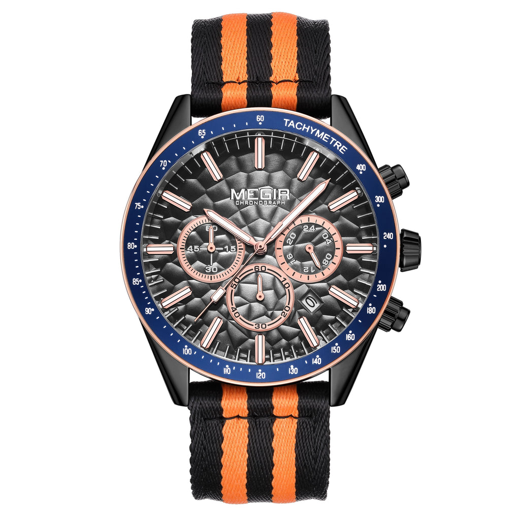 MEGIR Men's Sport Chronograph Watch, Outdoor Casual Quartz Wristwatch, 3ATM Water Resistance, Striped Canvas Band, Date Display 8121