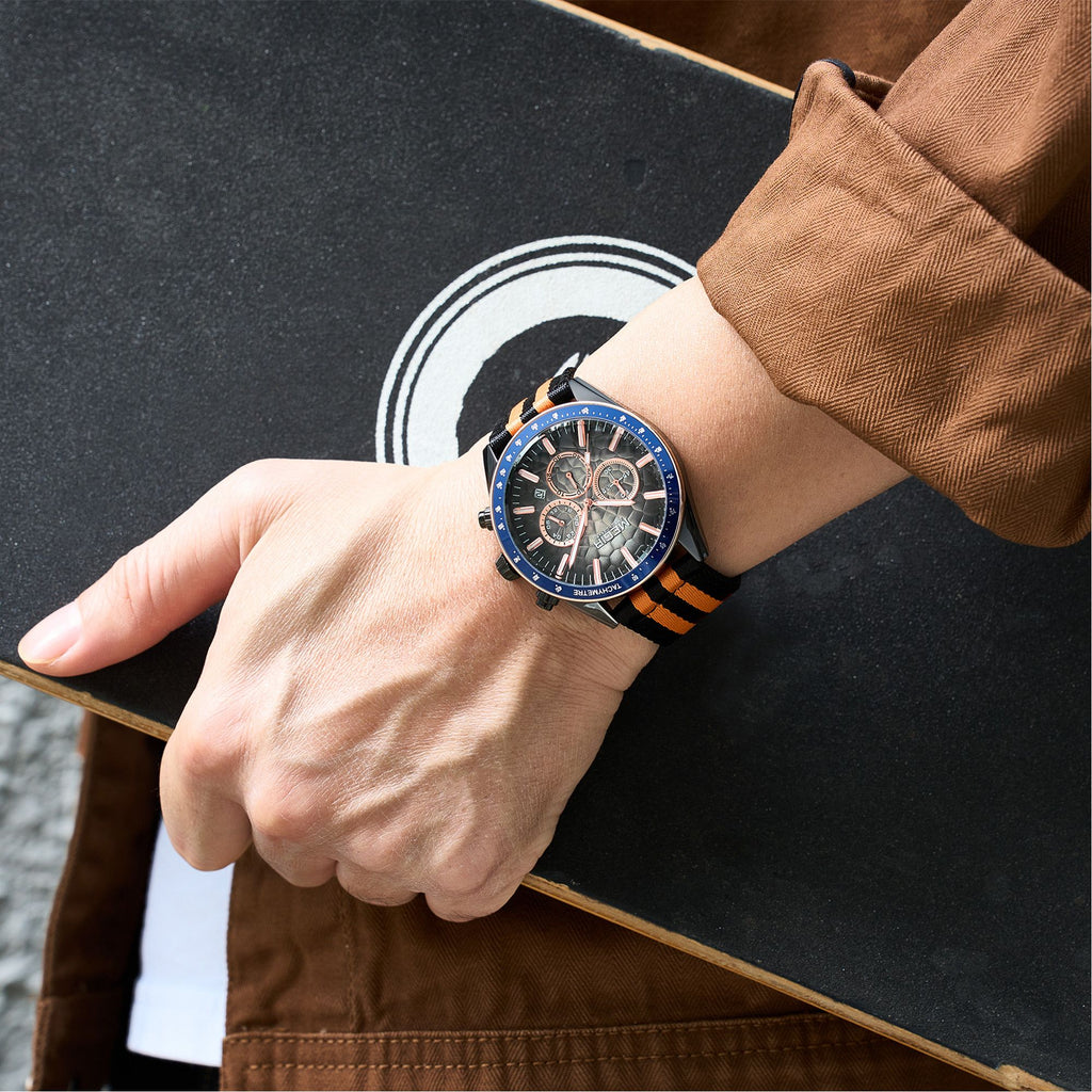 MEGIR Men's Sport Chronograph Watch, Outdoor Casual Quartz Wristwatch, 3ATM Water Resistance, Striped Canvas Band, Date Display 8121