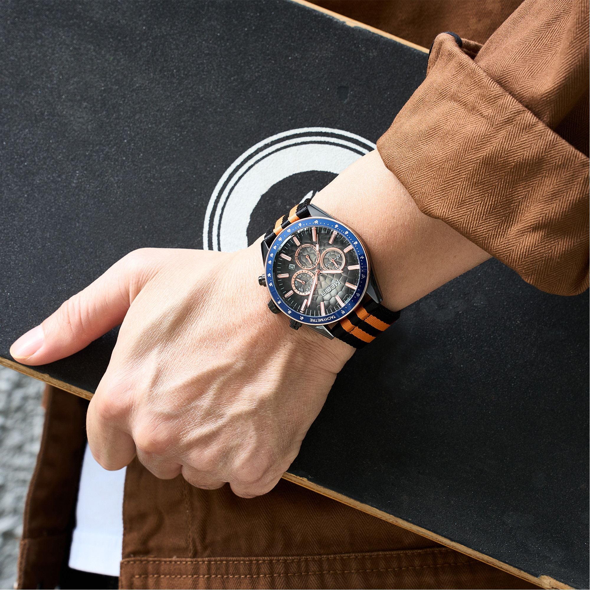MEGIR Men's Sport Chronograph Watch, Outdoor Casual Quartz Wristwatch, 3ATM Water Resistance, Striped Canvas Band, Date Display 8121
