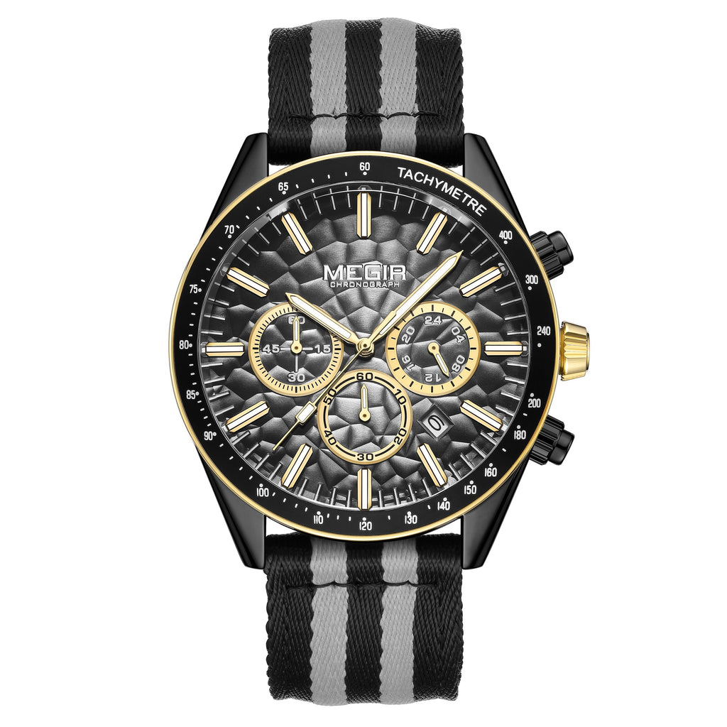 MEGIR Men's Sport Chronograph Watch, Outdoor Casual Quartz Wristwatch, 3ATM Water Resistance, Striped Canvas Band, Date Display 8121