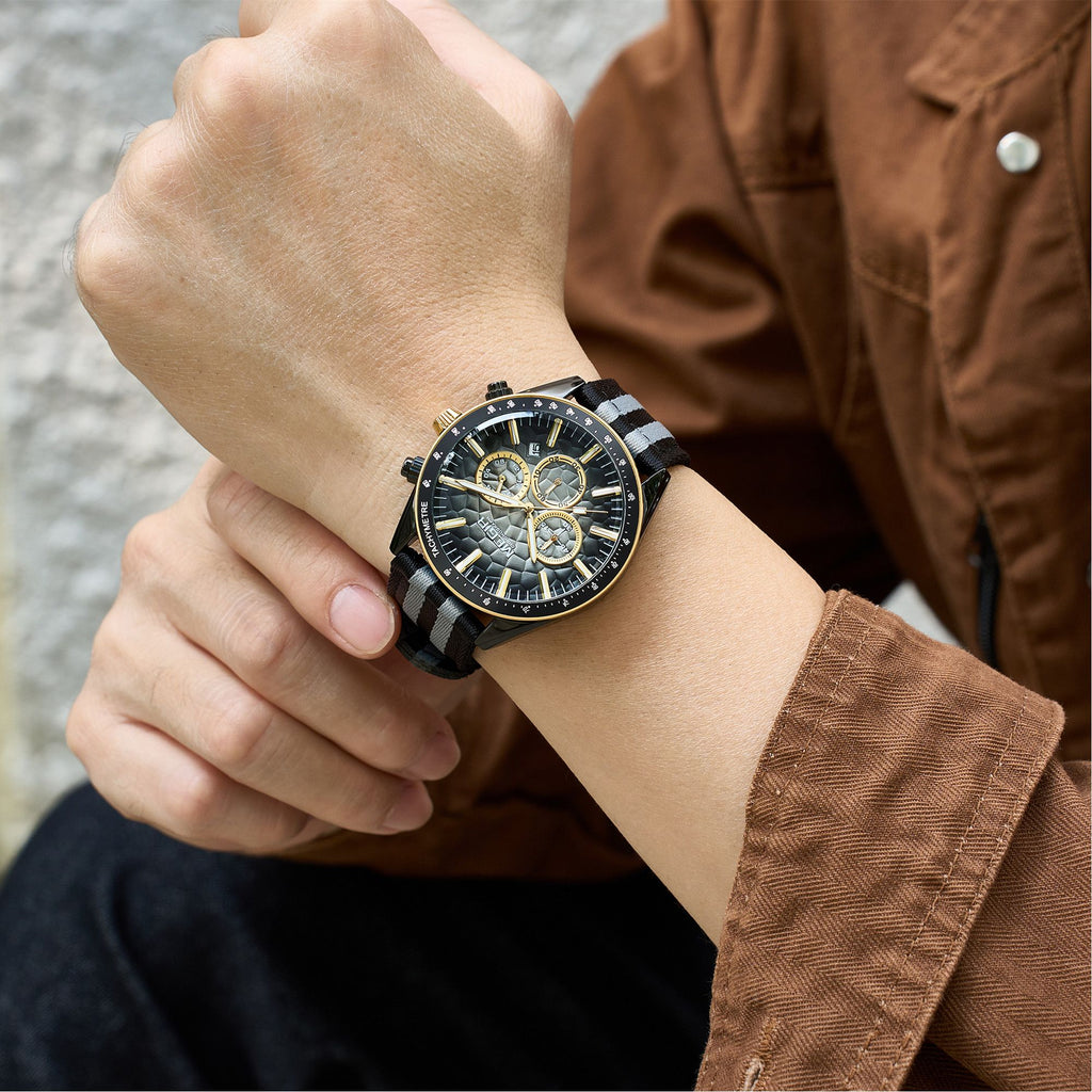 MEGIR Men's Sport Chronograph Watch, Outdoor Casual Quartz Wristwatch, 3ATM Water Resistance, Striped Canvas Band, Date Display 8121