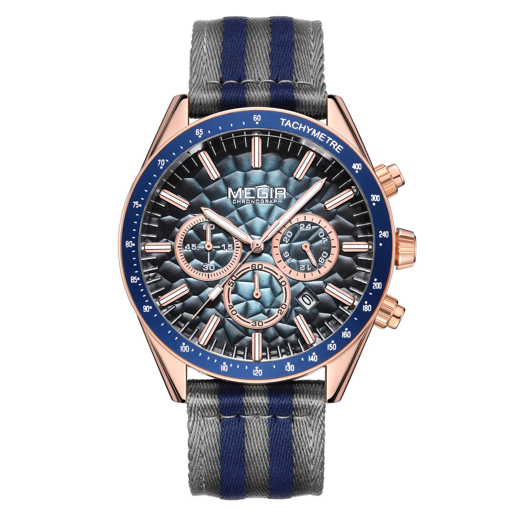 MEGIR Men's Sport Chronograph Watch, Outdoor Casual Quartz Wristwatch, 3ATM Water Resistance, Striped Canvas Band, Date Display 8121