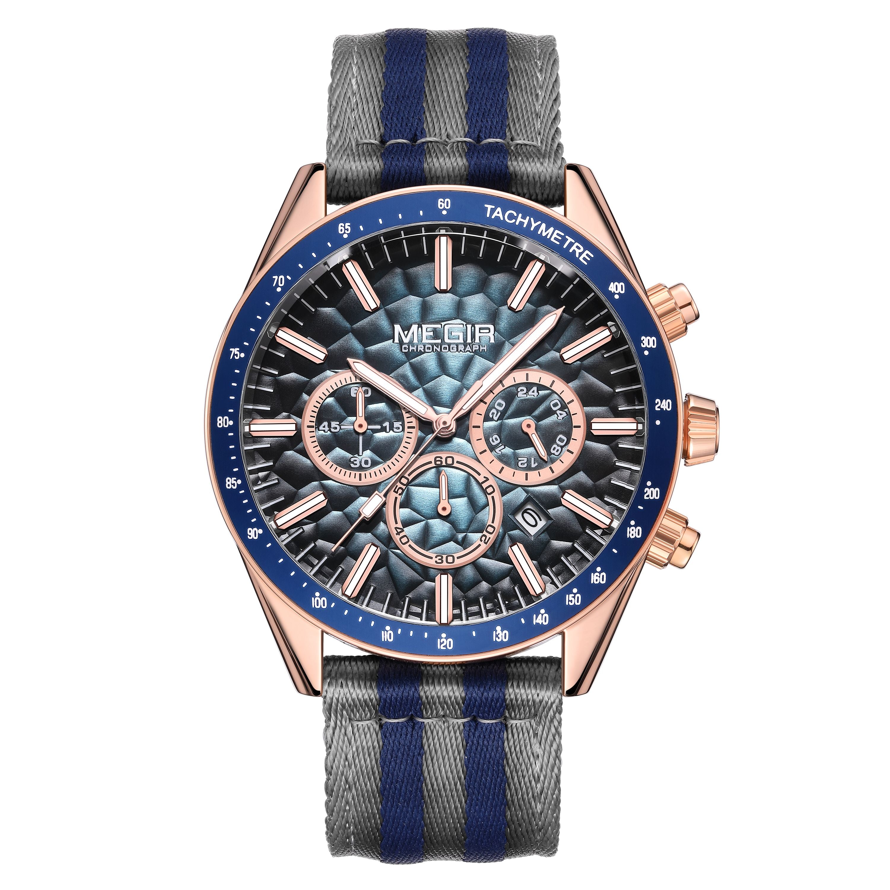 MEGIR Men's Sport Chronograph Watch, Outdoor Casual Quartz Wristwatch, 3ATM Water Resistance, Striped Canvas Band, Date Display 8121