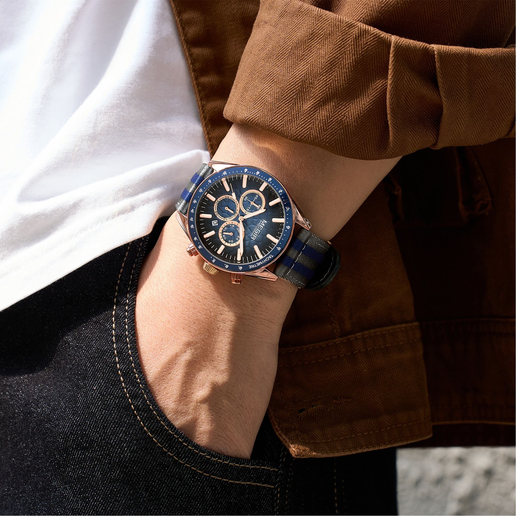 MEGIR Men's Sport Chronograph Watch, Outdoor Casual Quartz Wristwatch, 3ATM Water Resistance, Striped Canvas Band, Date Display 8121