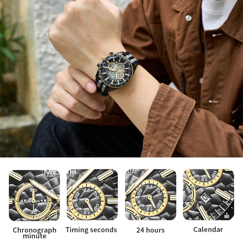 MEGIR Men's Sport Chronograph Watch, Outdoor Casual Quartz Wristwatch, 3ATM Water Resistance, Striped Canvas Band, Date Display 8121