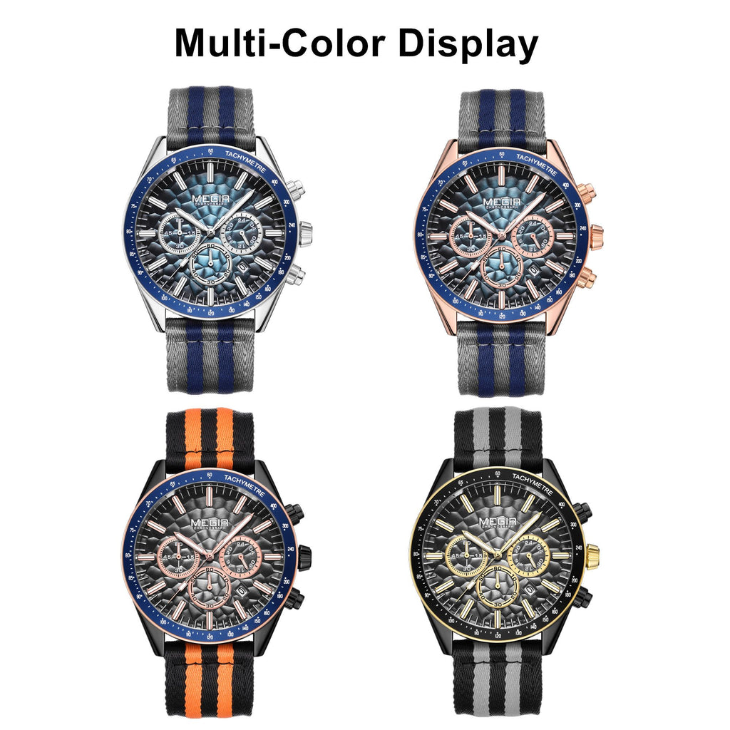 MEGIR Men's Sport Chronograph Watch, Outdoor Casual Quartz Wristwatch, 3ATM Water Resistance, Striped Canvas Band, Date Display 8121