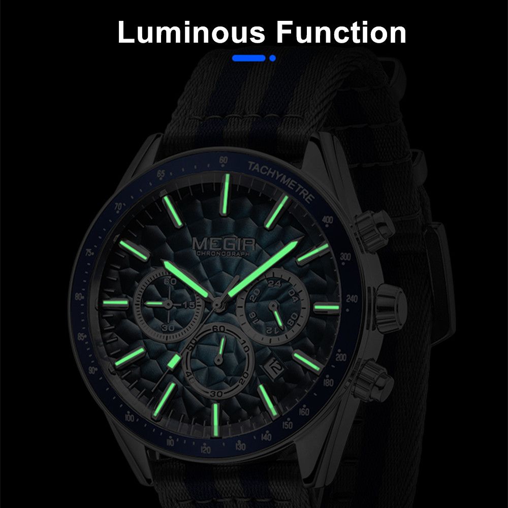 MEGIR Men's Sport Chronograph Watch, Outdoor Casual Quartz Wristwatch, 3ATM Water Resistance, Striped Canvas Band, Date Display 8121