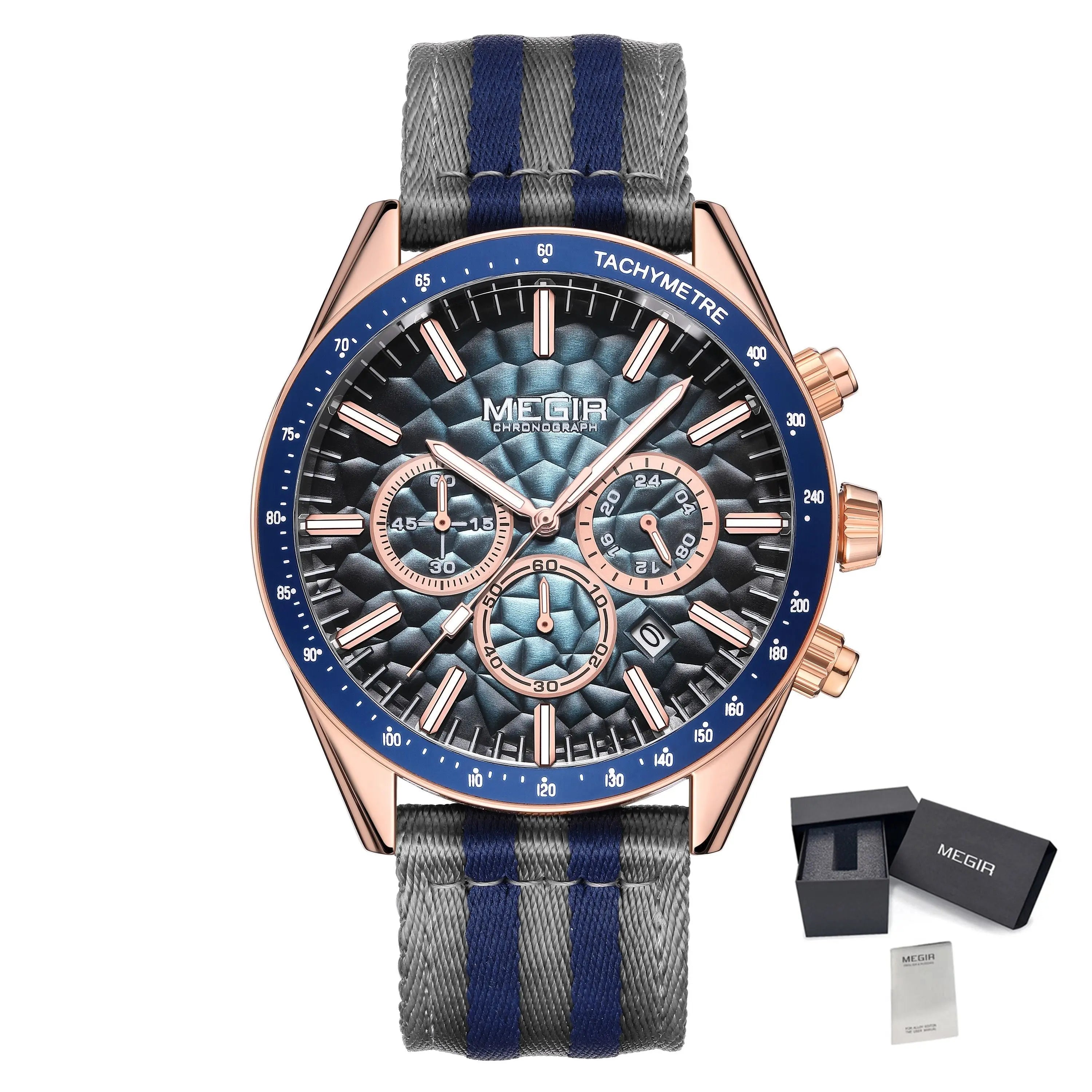 MEGIR Men's Sport Chronograph Watch, Outdoor Casual Quartz Wristwatch, 3ATM Water Resistance, Striped Canvas Band, Date Display 8121 MEGIR WATCH GROUP