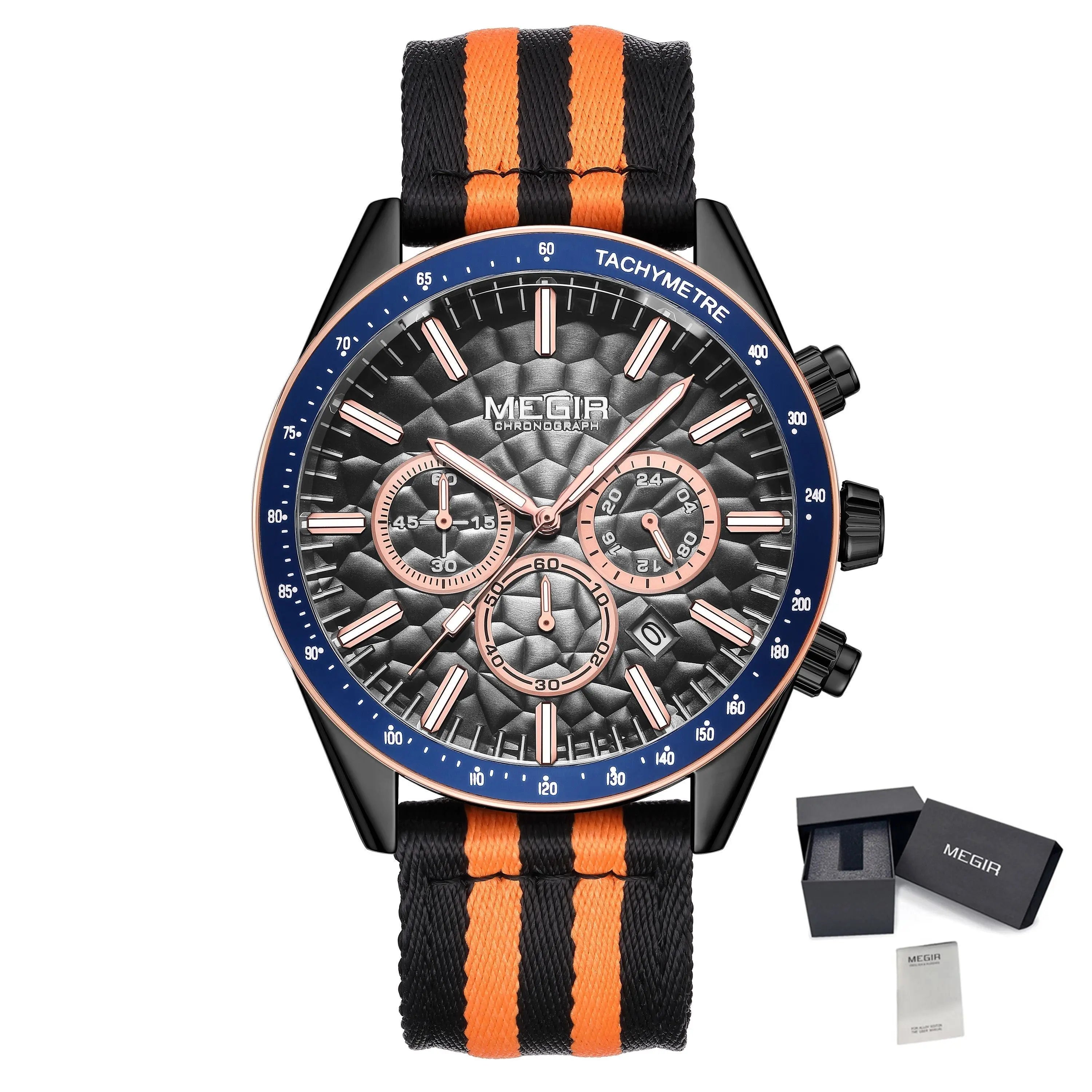 MEGIR Men's Sport Chronograph Watch, Outdoor Casual Quartz Wristwatch, 3ATM Water Resistance, Striped Canvas Band, Date Display 8121 MEGIR WATCH GROUP