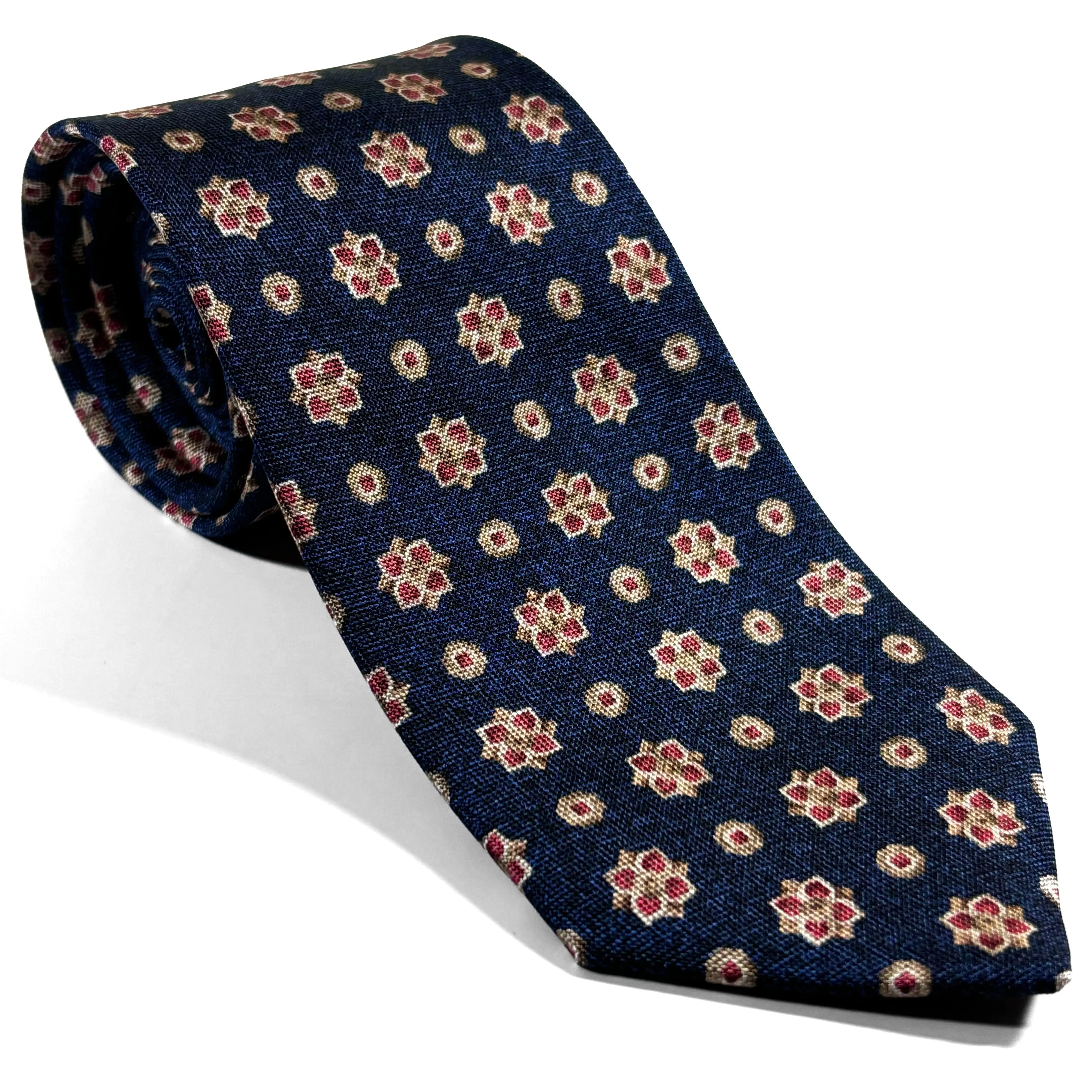 Navy Blue Floral Printed Panama Silk Tie Potomac Tie Company
