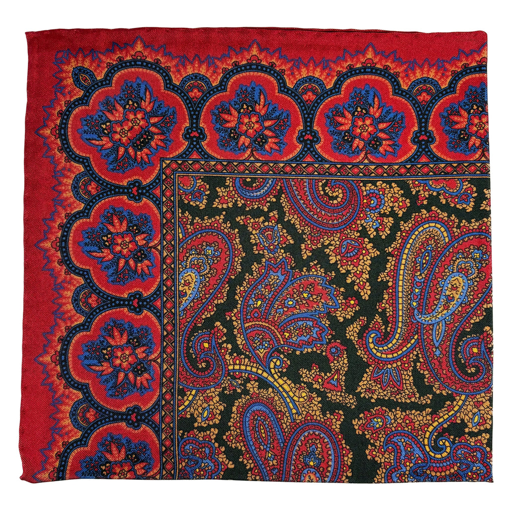 Red & Forest Green Ancient Madder Silk Pocket Square Potomac Tie Company
