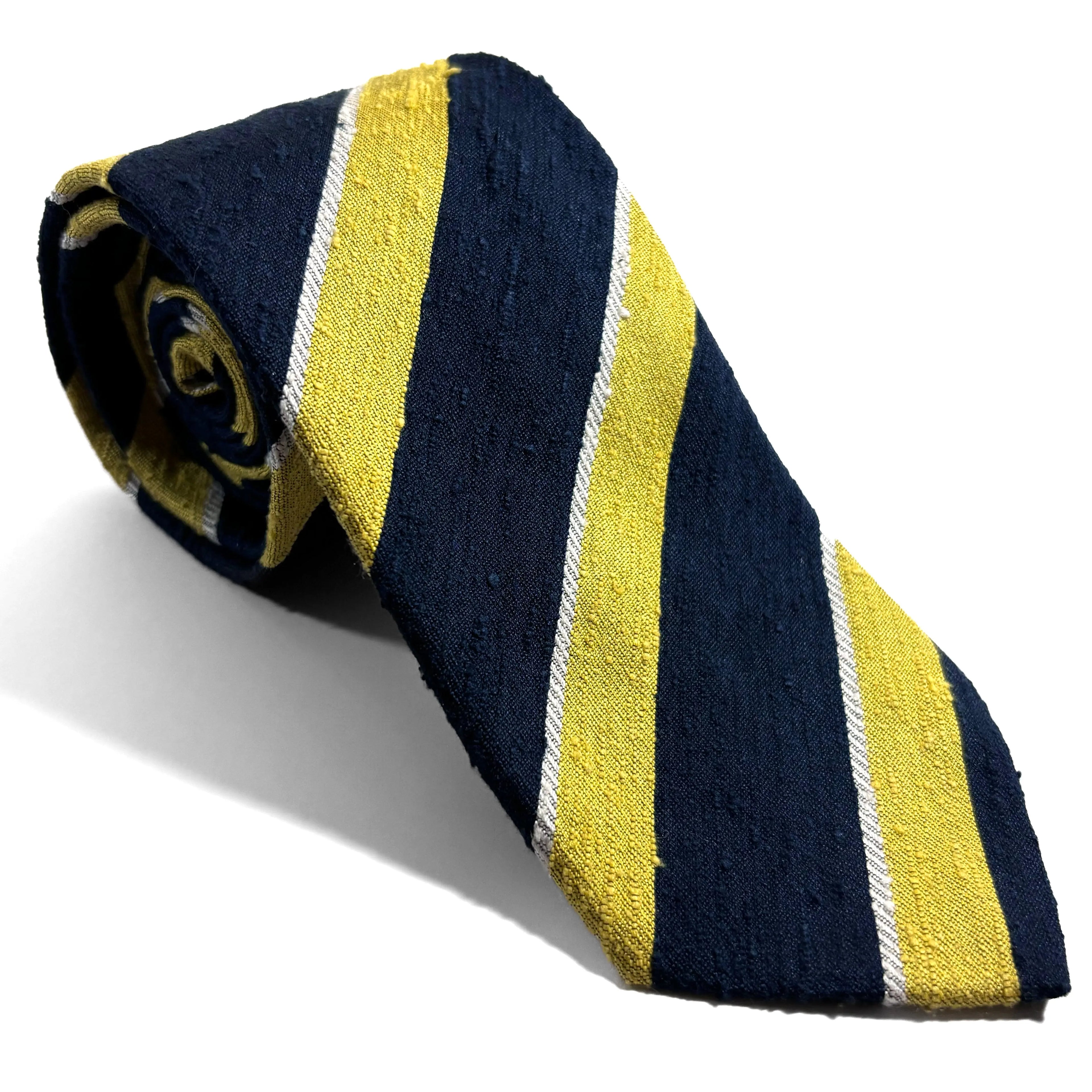 Navy Blue & Lemon Yellow Striped Silk Shantung Tie Potomac Tie Company