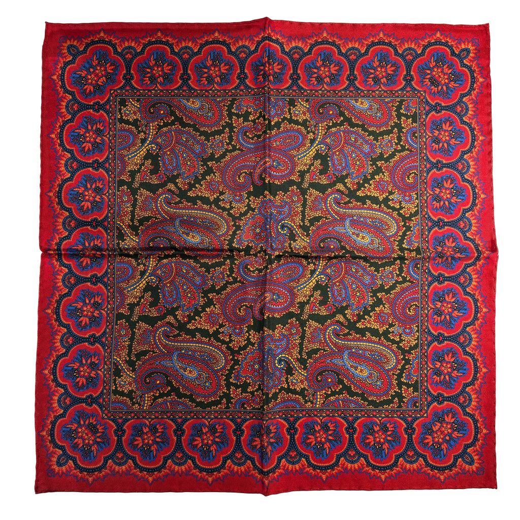Red & Forest Green Ancient Madder Silk Pocket Square Potomac Tie Company