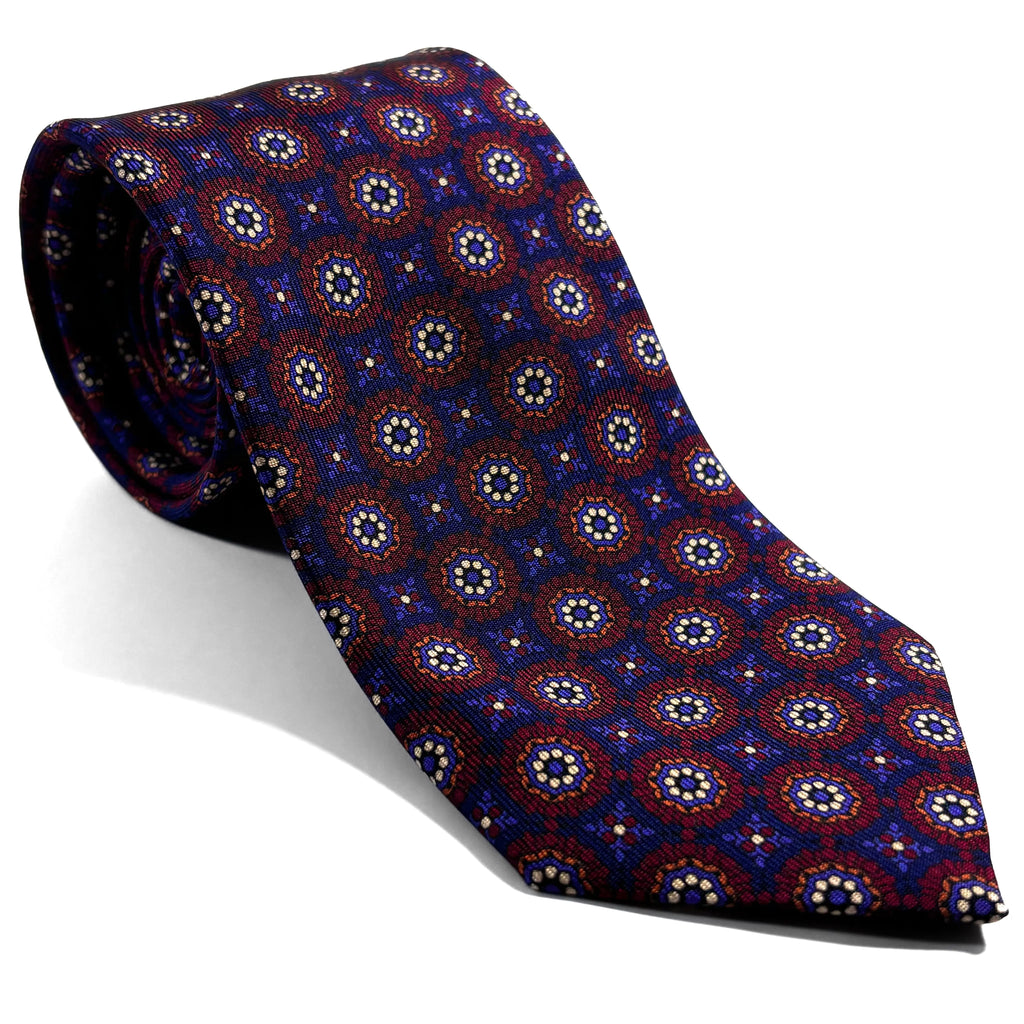 Hand-Printed Navy Blue & Burgundy Geometric Ancient Madder Silk Tie Potomac Tie Company