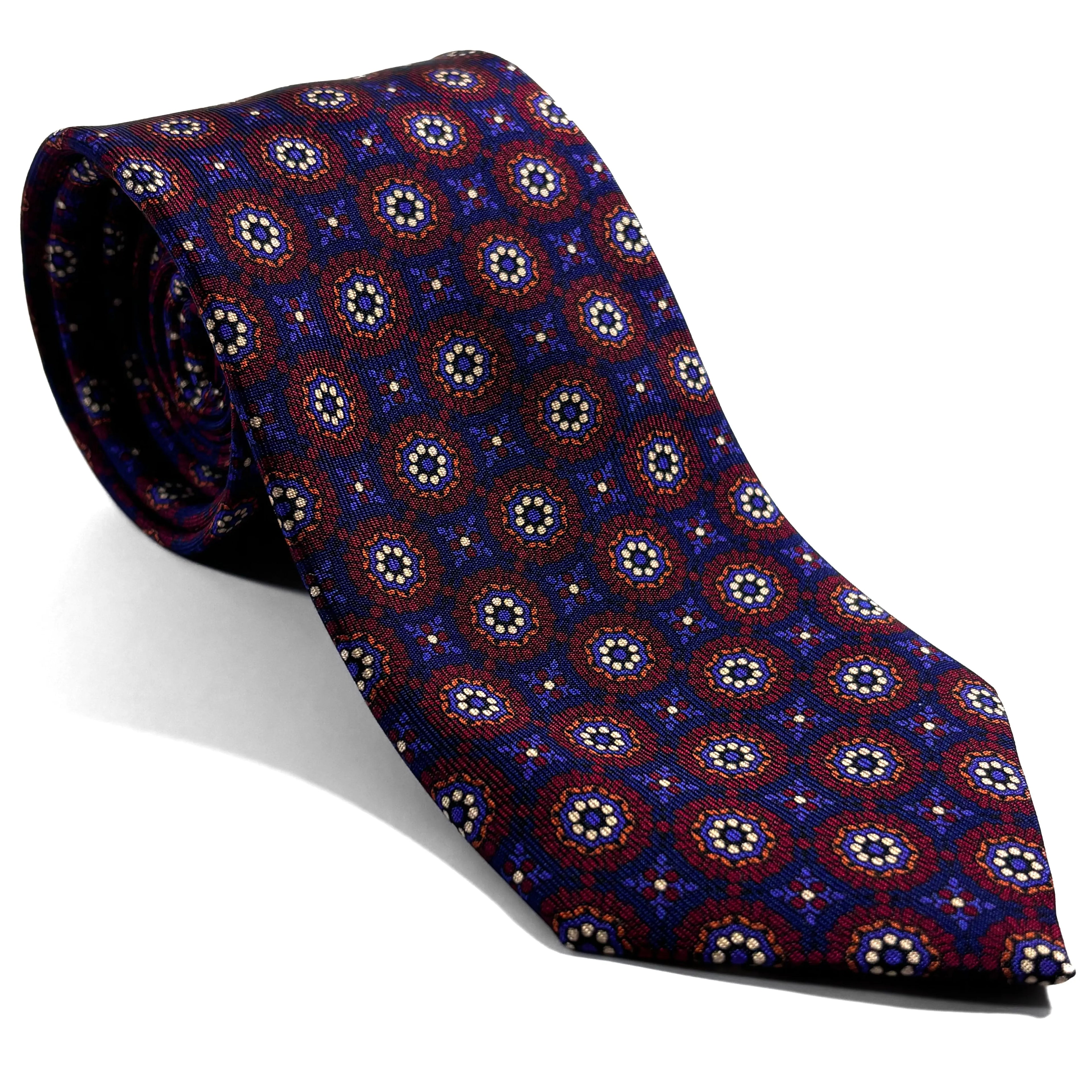 Hand-Printed Navy Blue & Burgundy Geometric Ancient Madder Silk Tie Potomac Tie Company