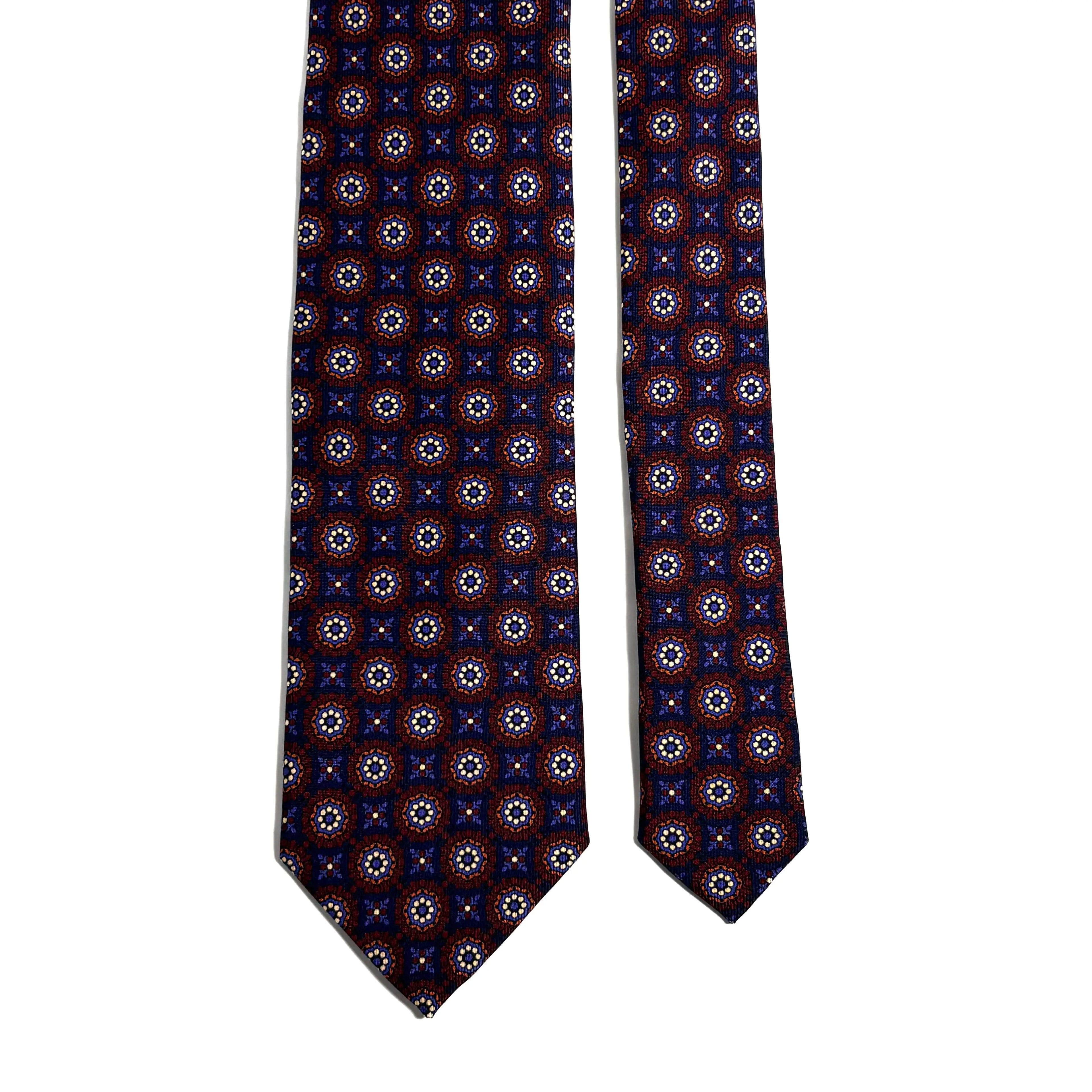 Hand-Printed Navy Blue & Burgundy Geometric Ancient Madder Silk Tie Potomac Tie Company