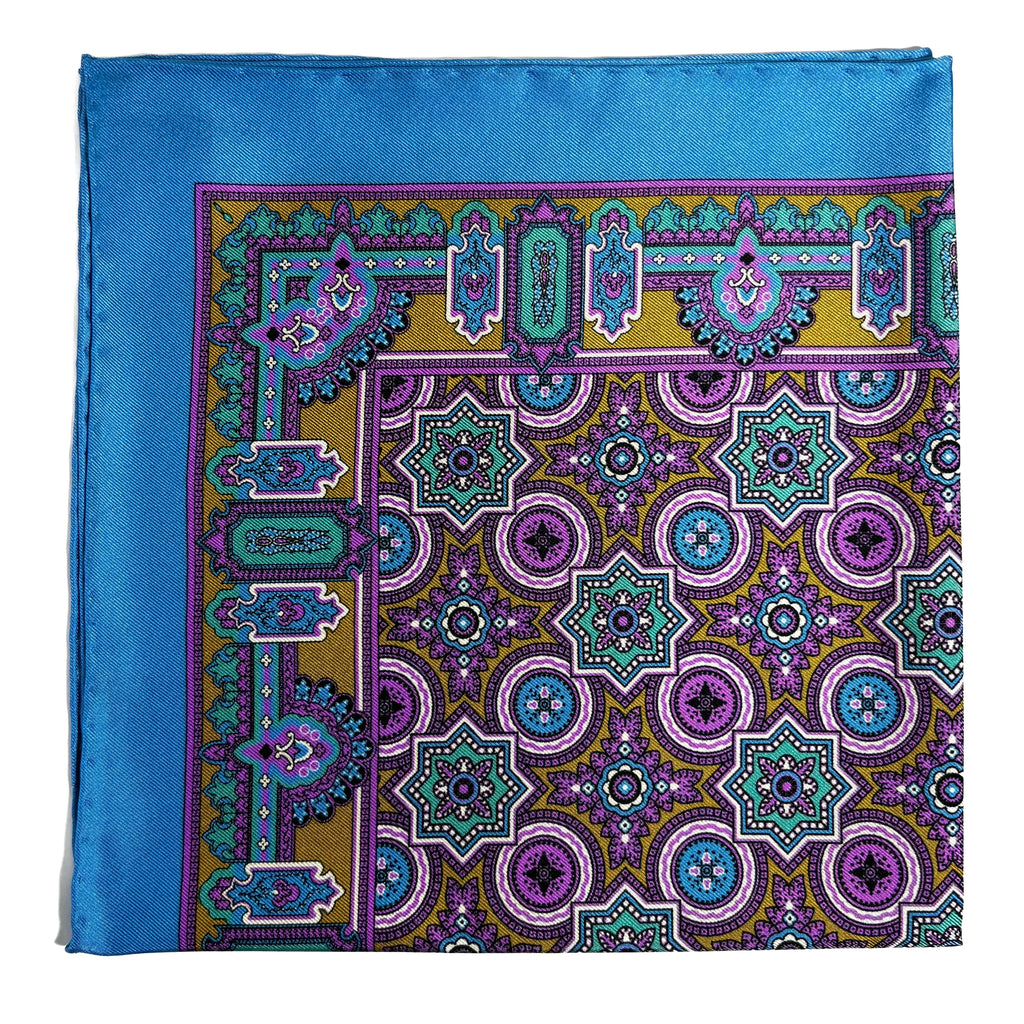Light Blue & Gold Geometric Silk Pocket Square Potomac Tie Company