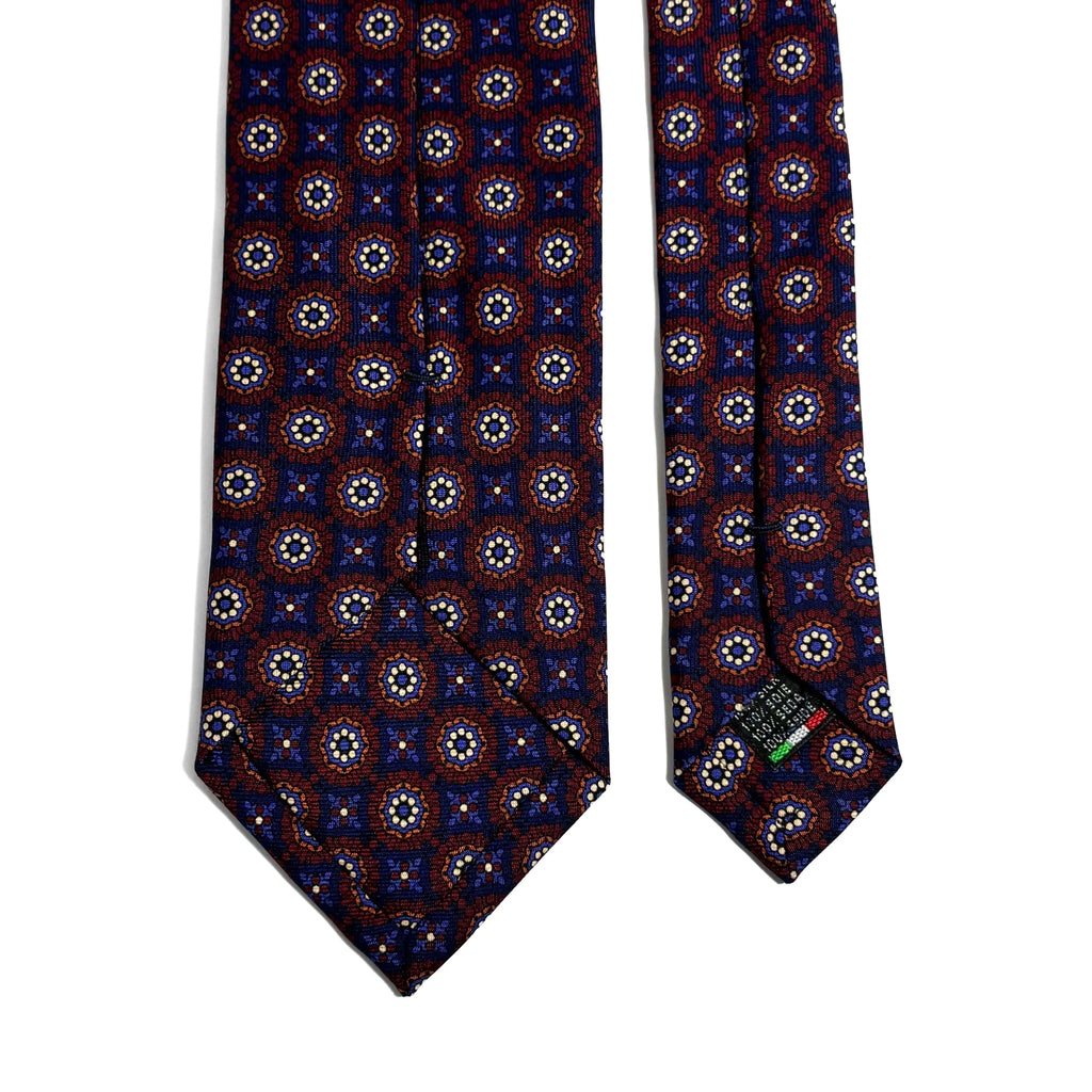 Hand-Printed Navy Blue & Burgundy Geometric Ancient Madder Silk Tie Potomac Tie Company