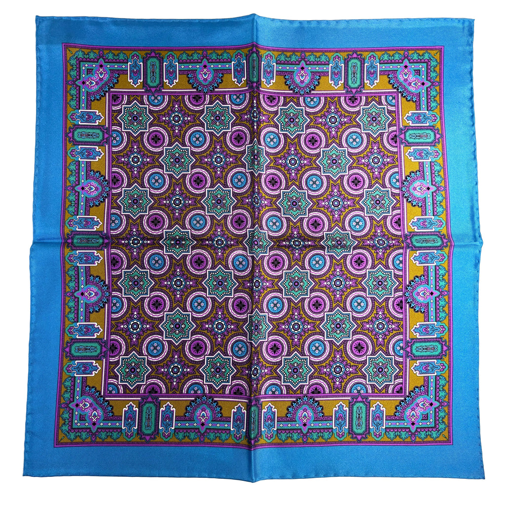 Light Blue & Gold Geometric Silk Pocket Square Potomac Tie Company