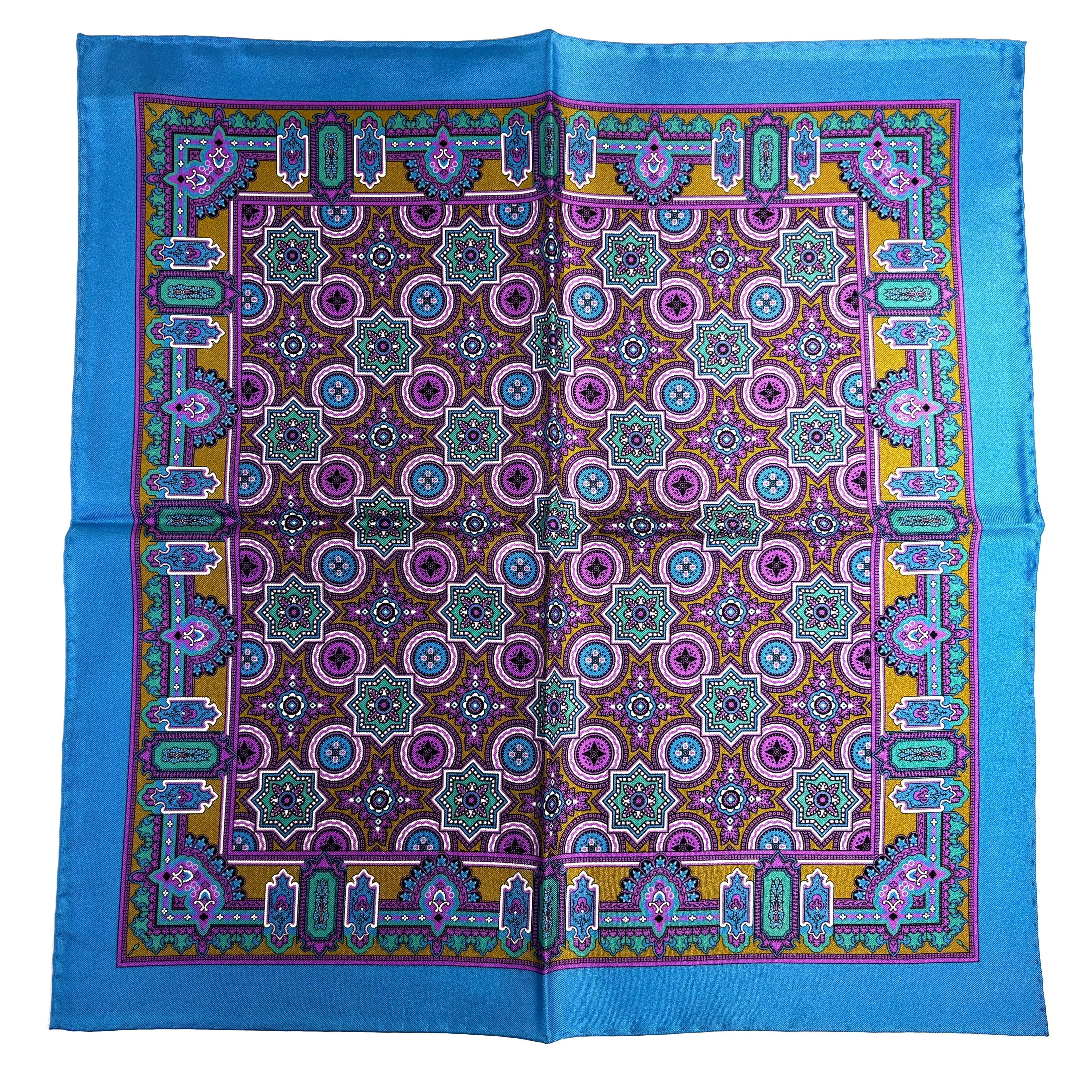 Light Blue & Gold Geometric Silk Pocket Square Potomac Tie Company
