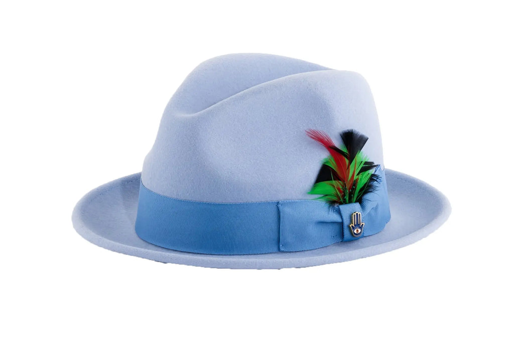 Ferrecci Brooks Trilby Soft 100% Australian Wool Felt Body with Removable Feather sky blue hat Great for Travel Ferrecci