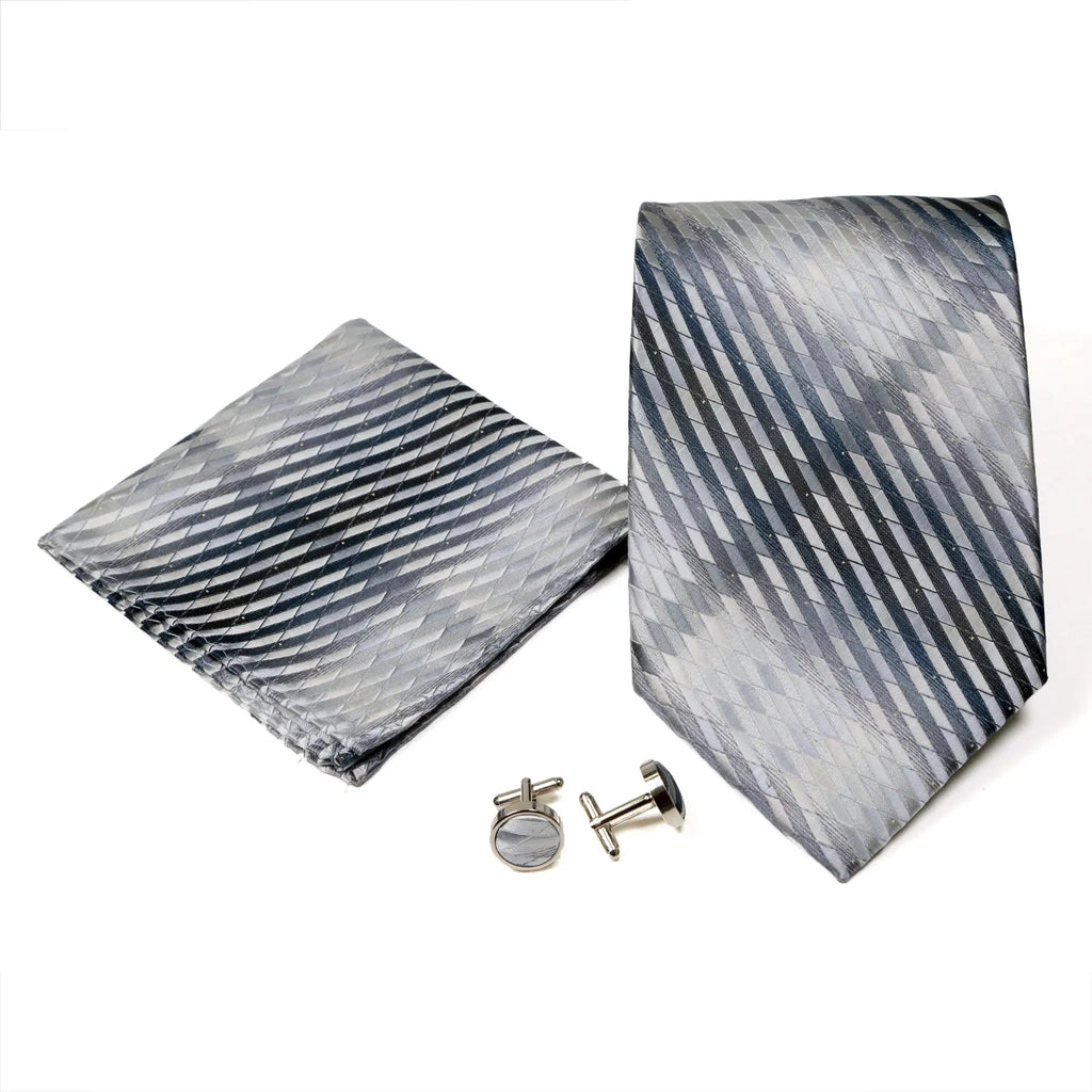 Men's Classic Grey-Blue Boxy Geometric Design 4-pc Necktie Box Set FHYINC