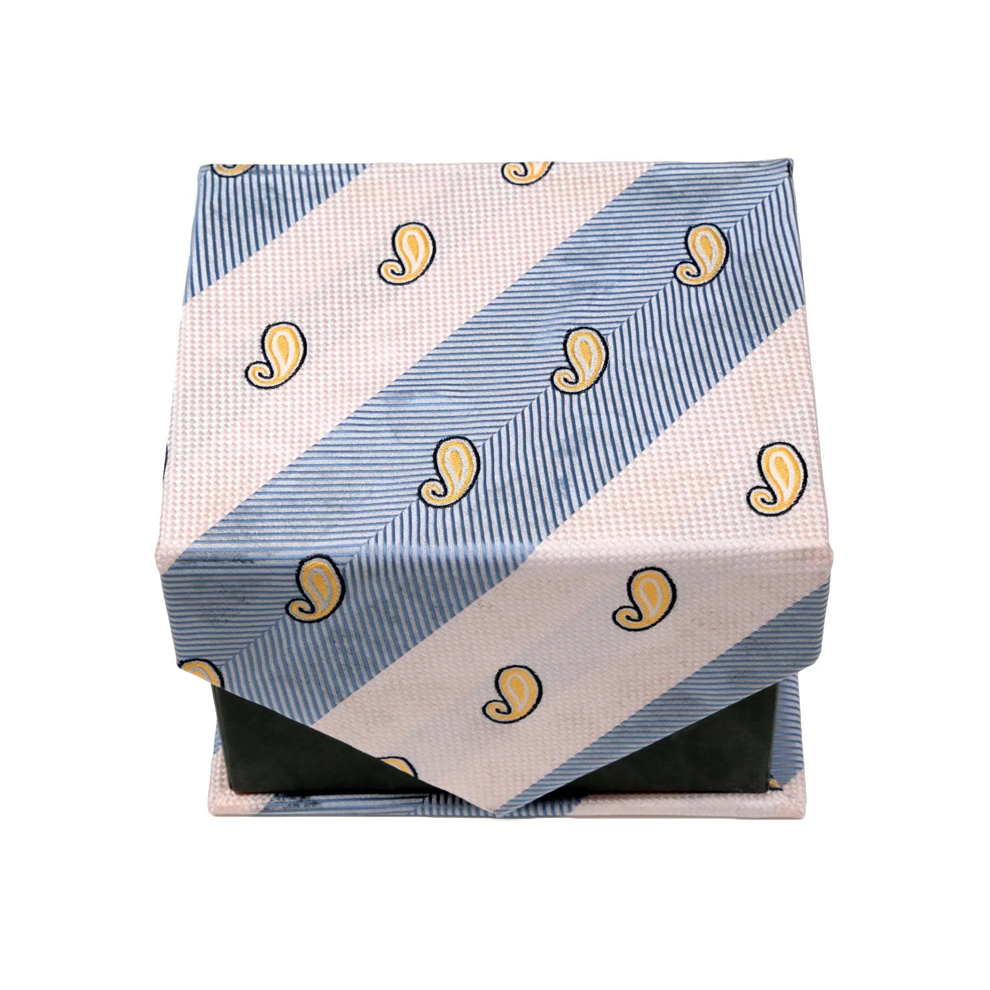 Men's Blue-Tan Paisley Stripe Pattern Design 4-pc Necktie Box Set FHYINC