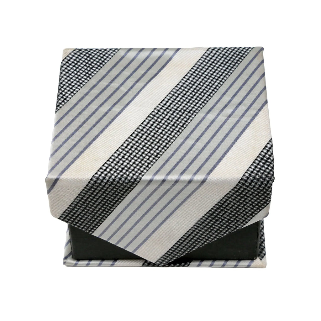 Men's Grey-White Striped Geometric Pattern Design 4-pc Necktie Box Set FHYINC