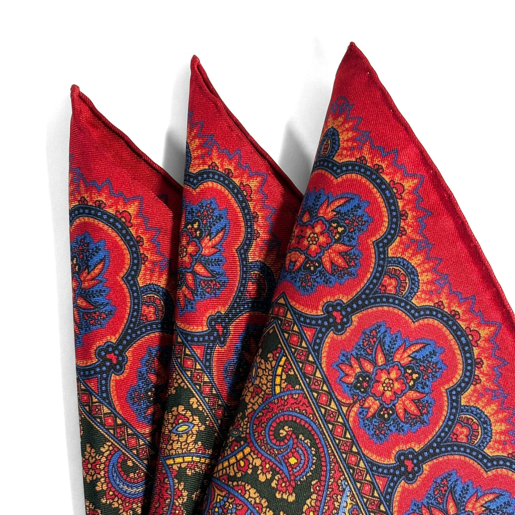 Red & Forest Green Ancient Madder Silk Pocket Square Potomac Tie Company